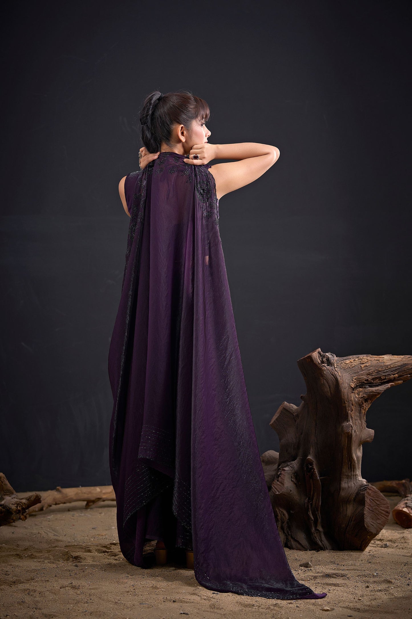 Dark Purple Embroidered Silk Saree with Designer Blouse