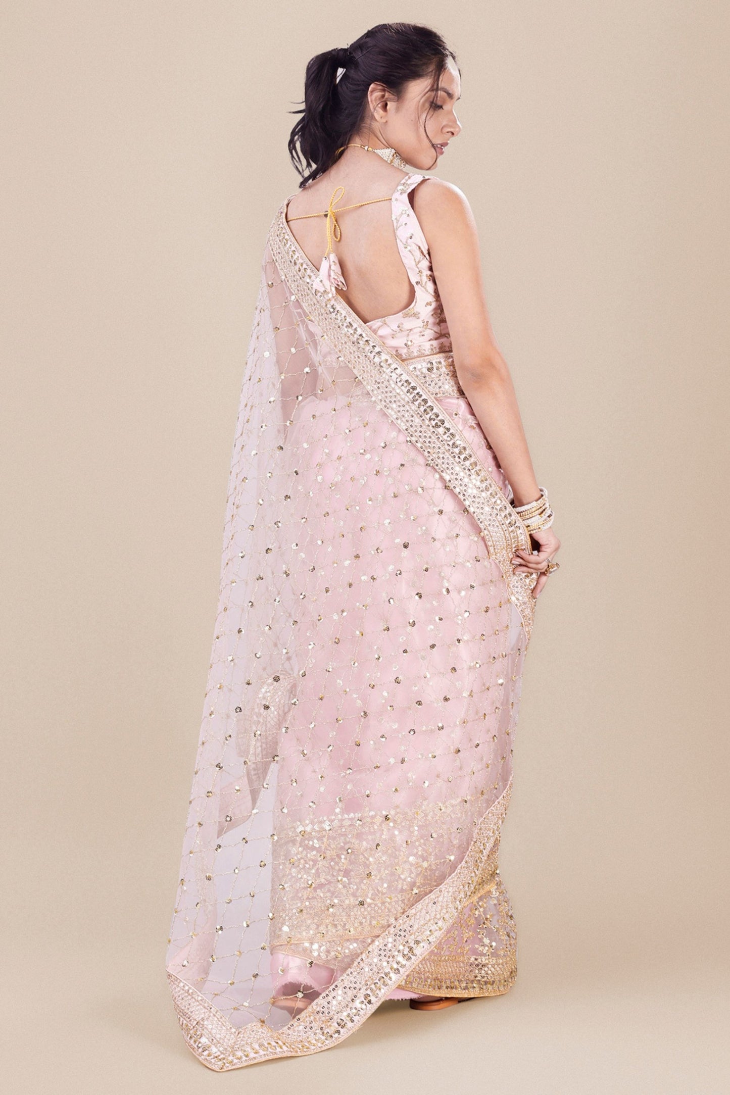 Pink Net Saree Heavy Sequins Embroidery Work Designer Blouse