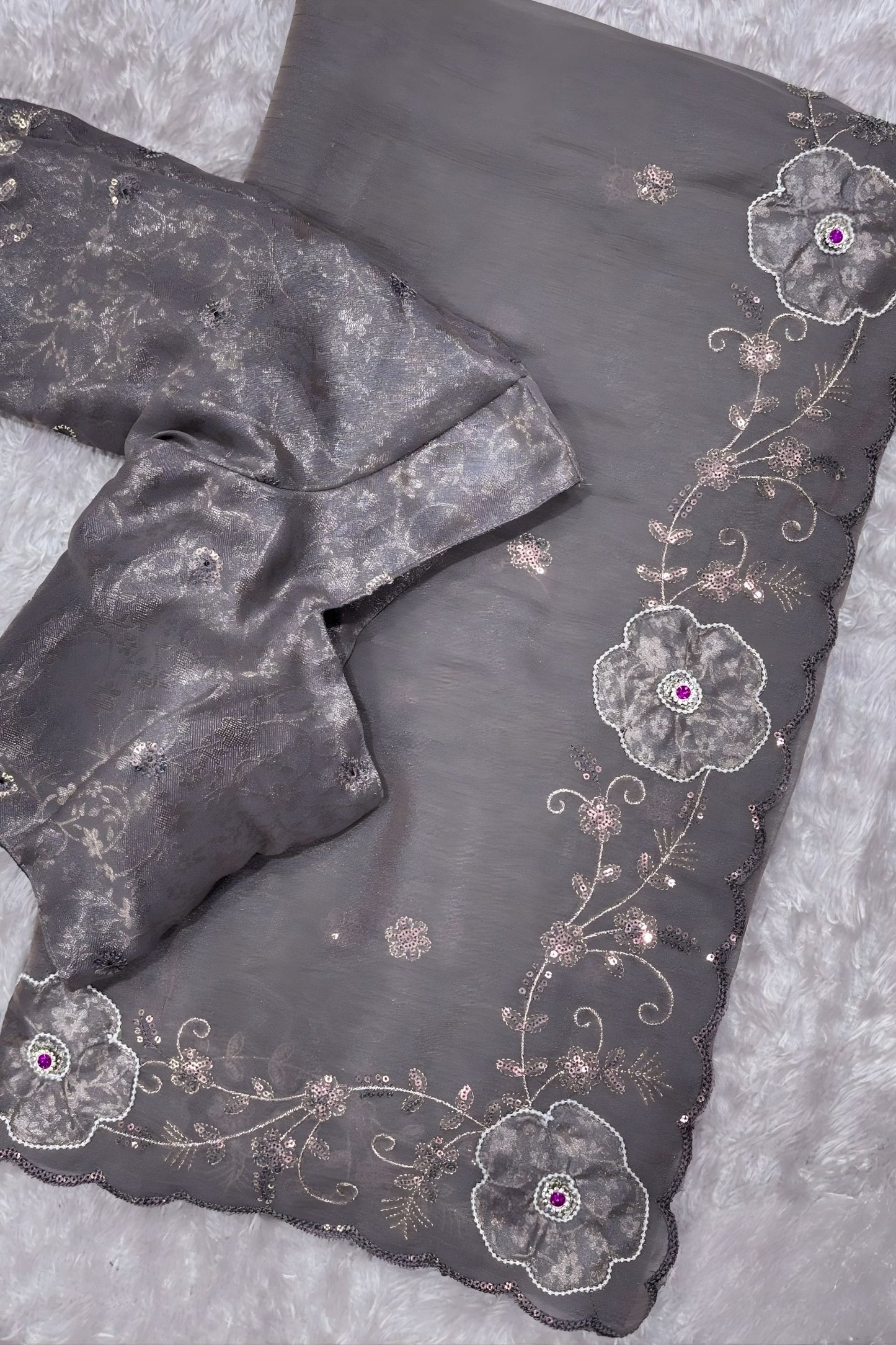 Grey Organza Saree with Floral Embroidery Designer Blouse