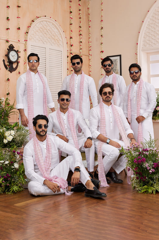 Classic White Art Silk Embroidered Wedding Kurta Pyjama with Pink Stole for Men