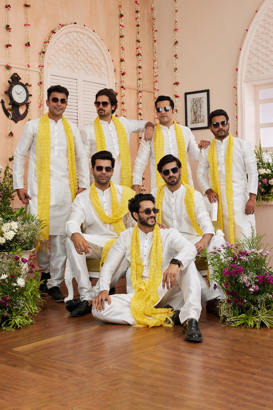 Stylish White Art Silk Embroidered Wedding Kurta Pyjama with Yellow Stole for Men
