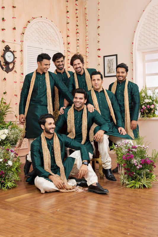Latest Rama Green Art Silk Kurta Pyjama Set for Men with Golden Stole