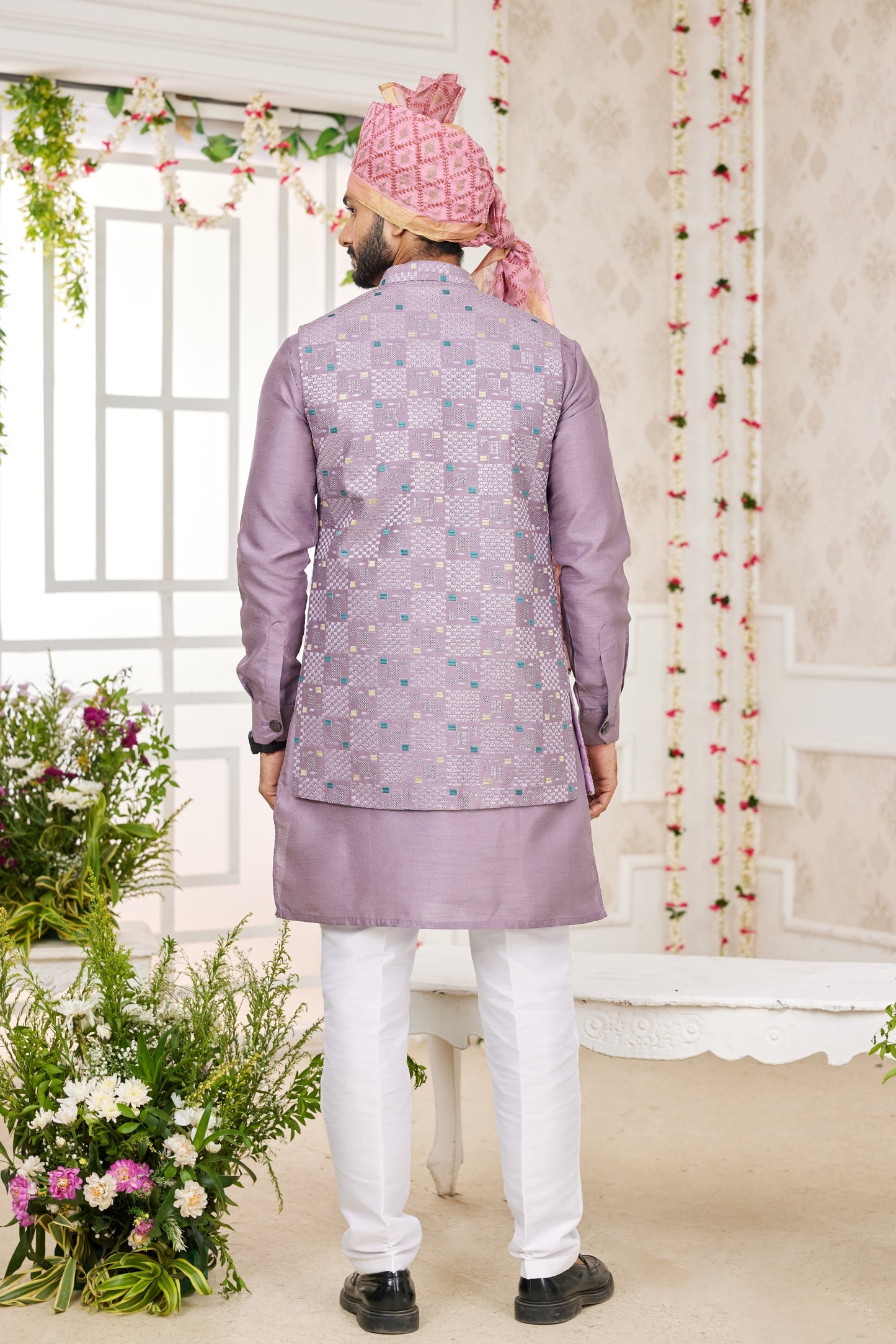 Premium Lavender Art Banarasi Silk Kurta Pyjama Set for Men with Designer Nehru Jacket