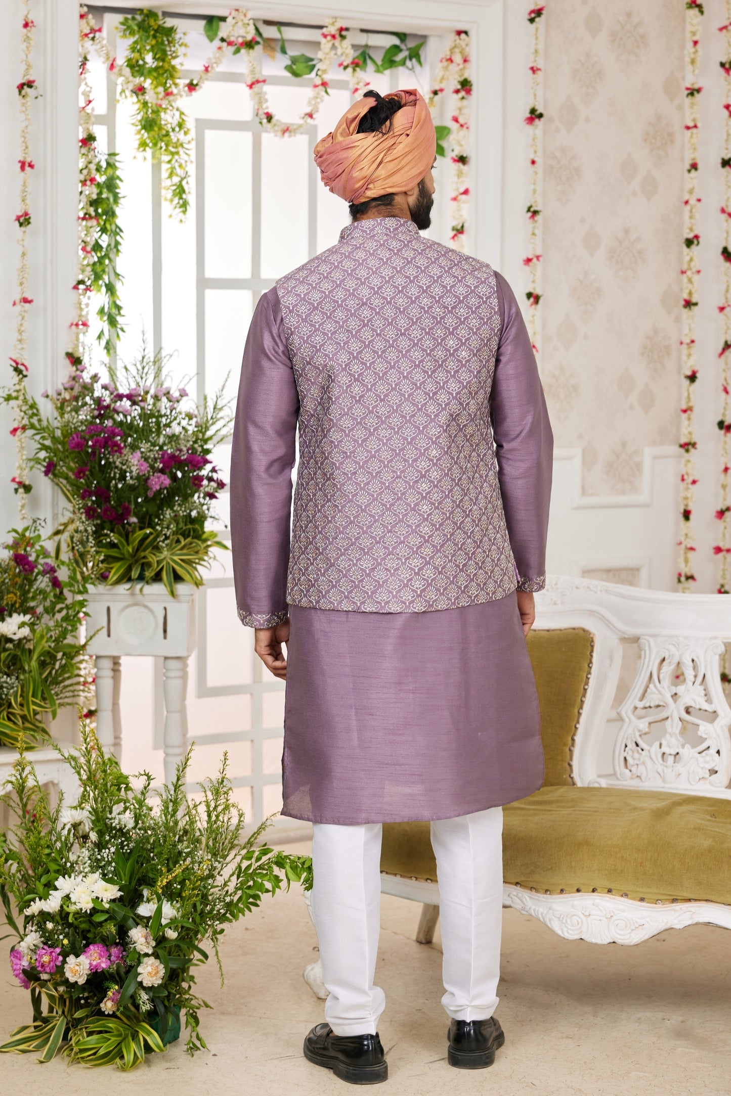 Superb Lavender Art Banarasi Silk Kurta Pyjama Set for Men with Designer Nehru Jacket