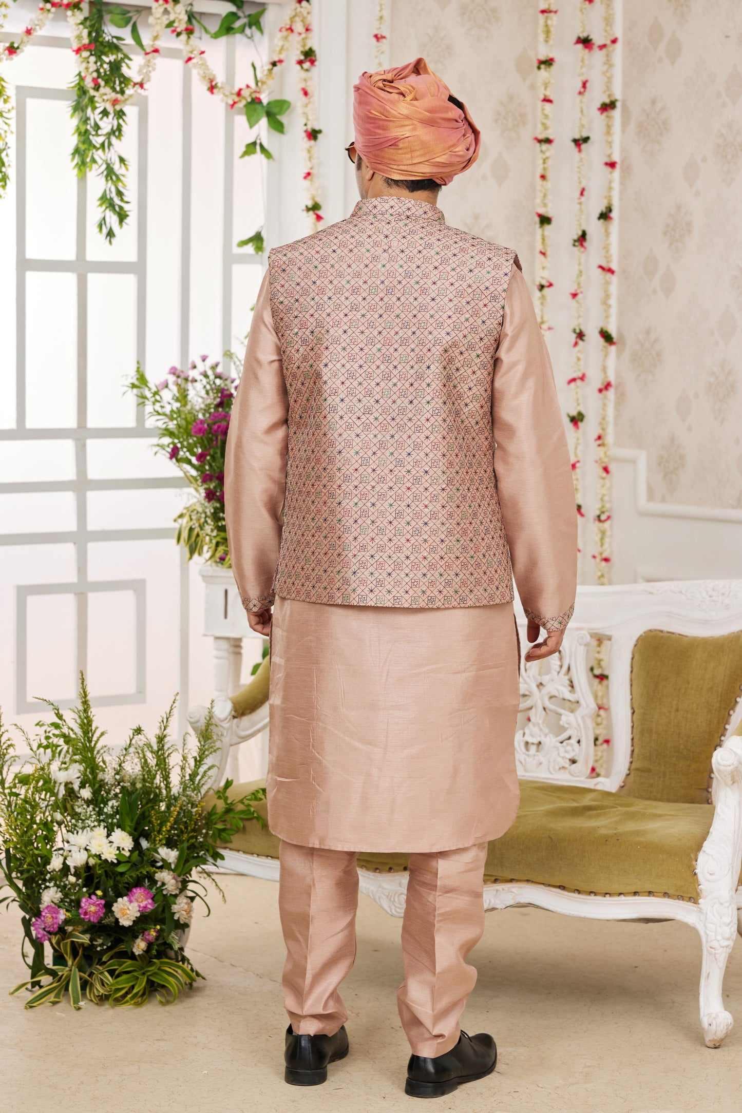 Handsome Beige Art Banarasi Silk Kurta Pyjama Set for Men with Designer Nehru Jacket