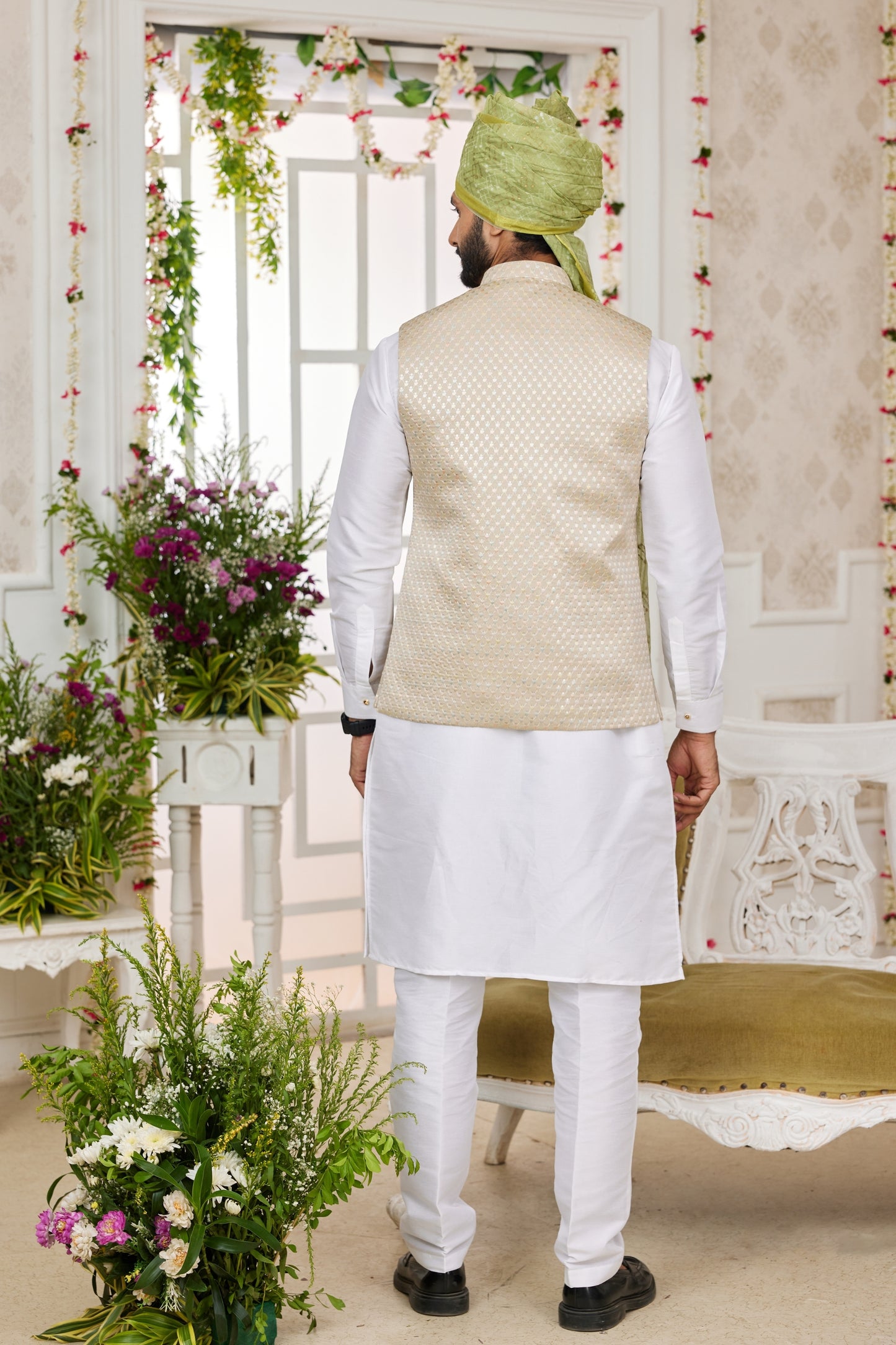 Charming Off White Art Banarasi Silk Kurta Pyjama Set for Men with Designer Nehru Jacket