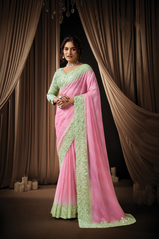Pink Mint Green Embroidered Designer Saree with Fancy Blouse