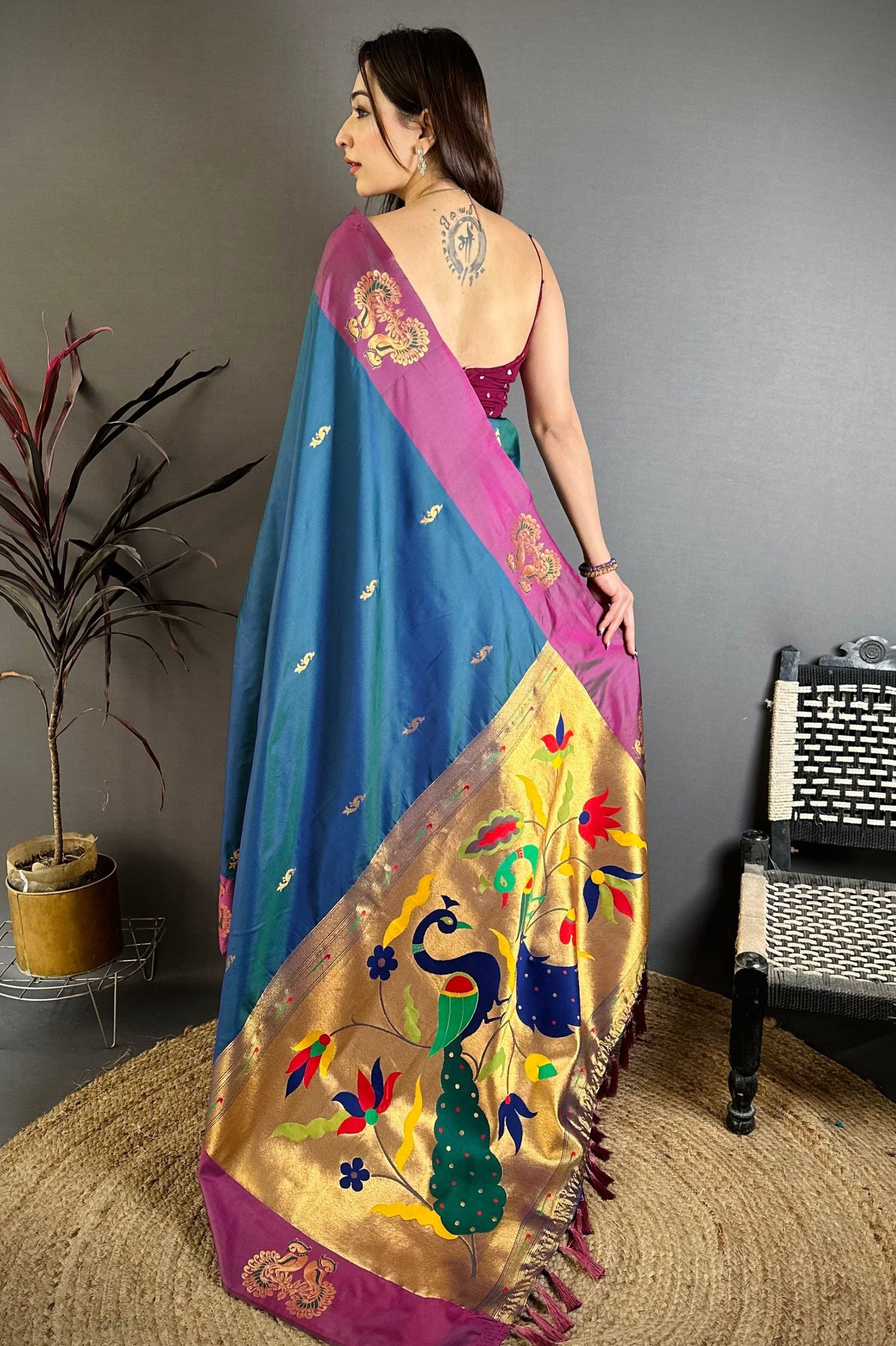 Navy Blue Soft Silk Saree with Magenta Border Designer Pallu