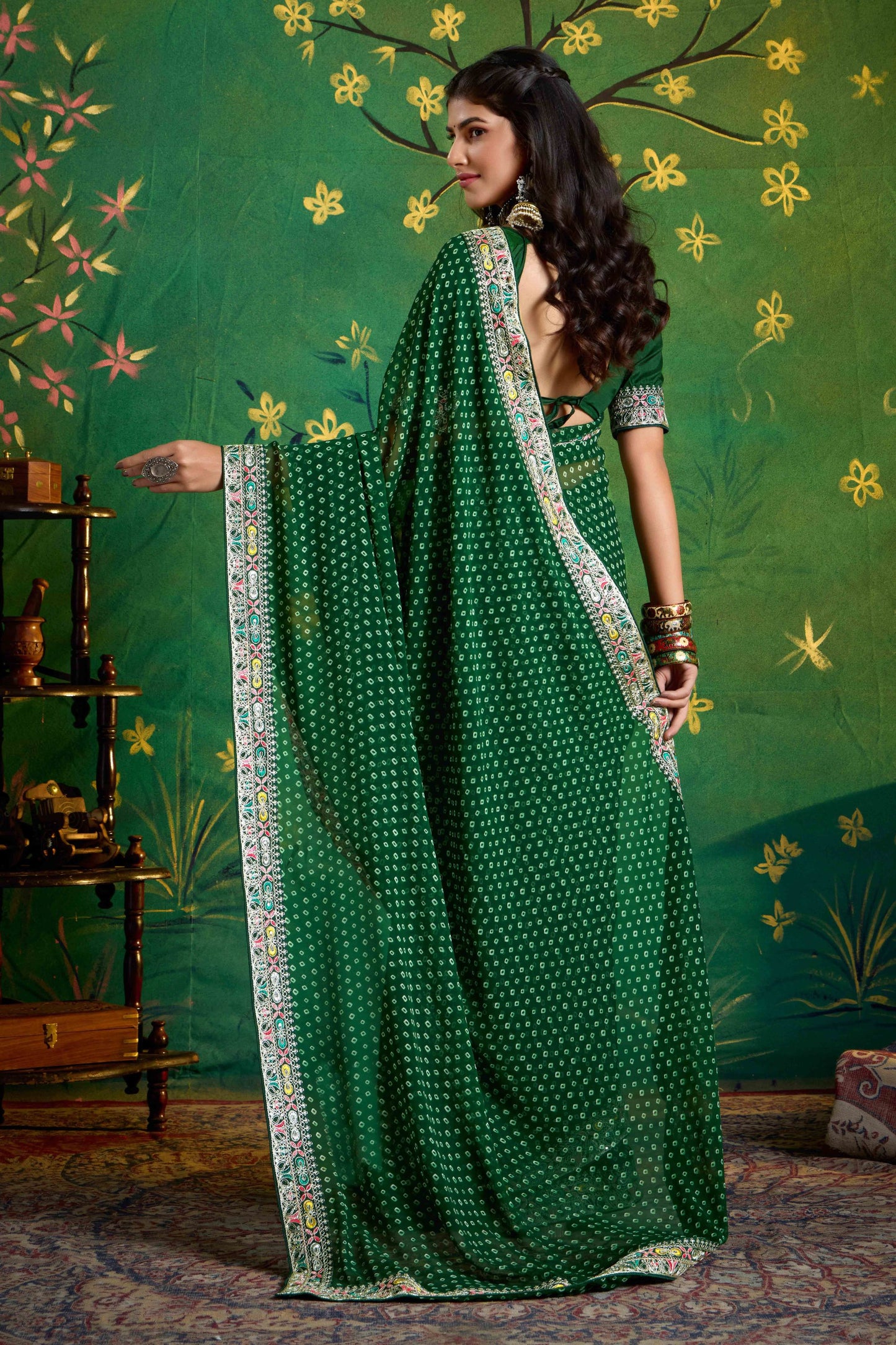 Green Bandhani Saree with Designer Blouse Festive Wear