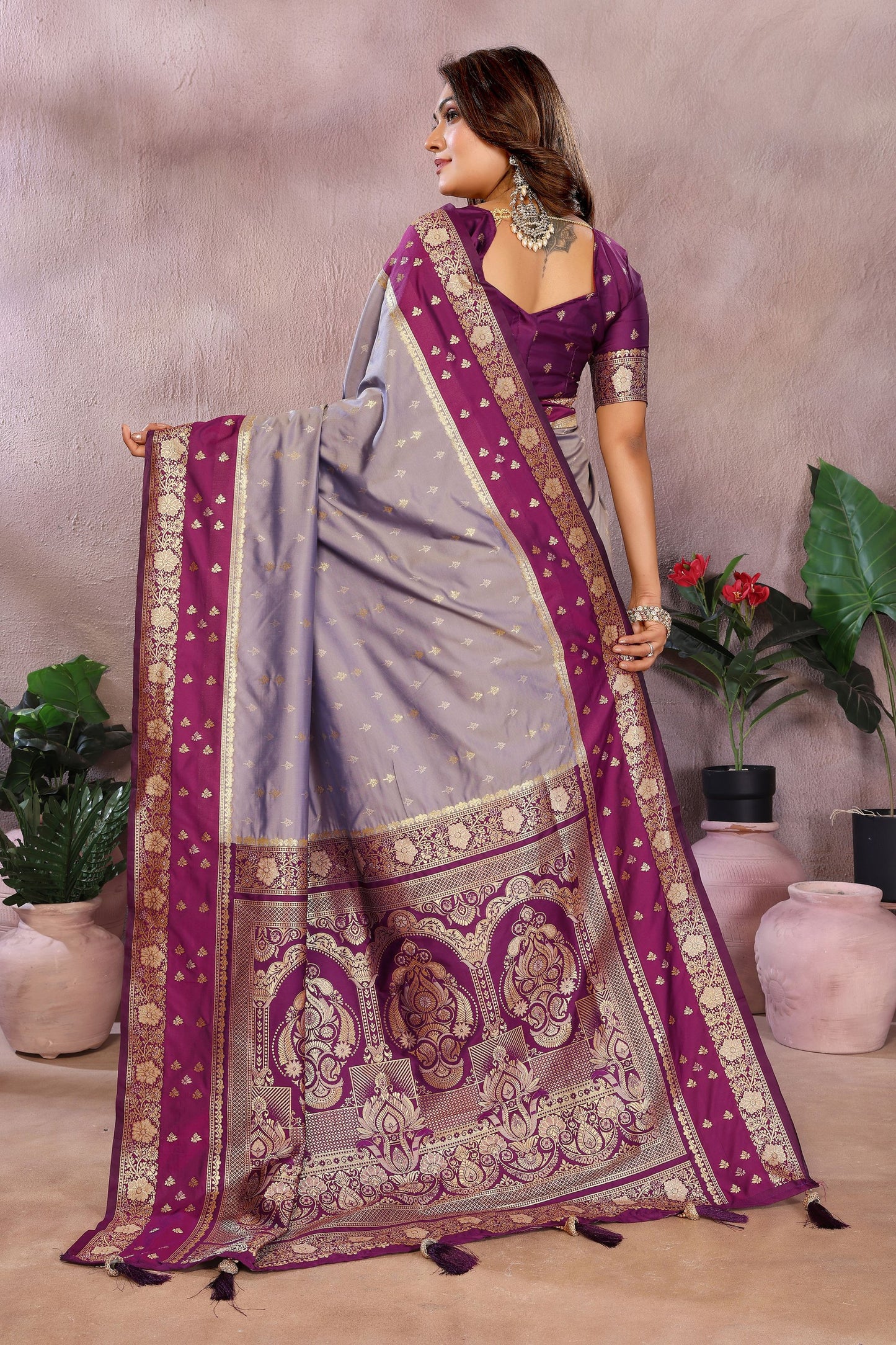 Grey Silk Saree with Wine Purple Zari Woven Border Designer Pallu