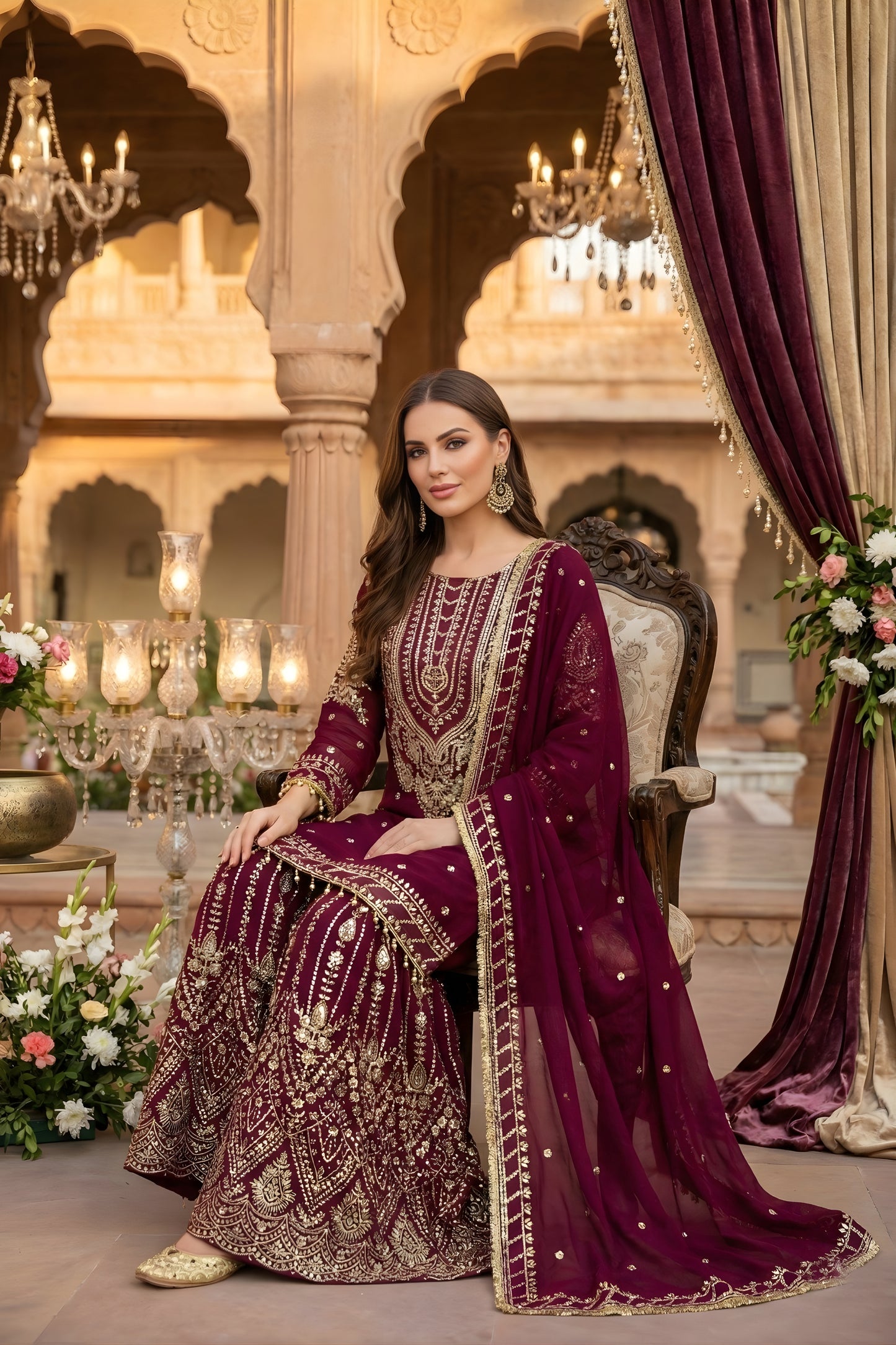 Elegant Maroon Embroidered Georgette Sharara Suit with Dupatta for Wedding