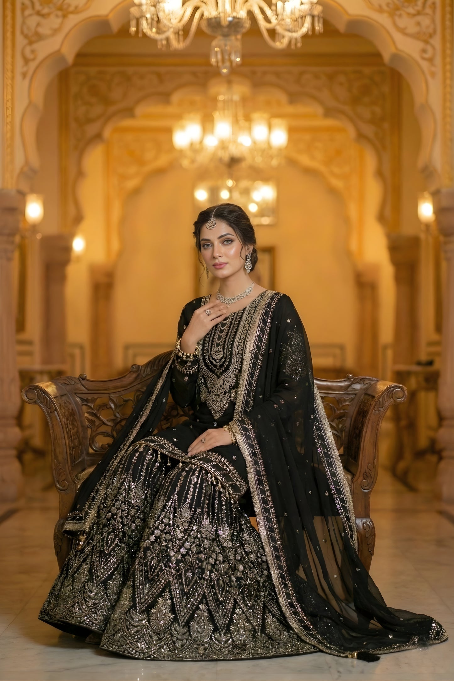 Regent Black Embroidered Georgette Sharara Suit with Dupatta for Wedding