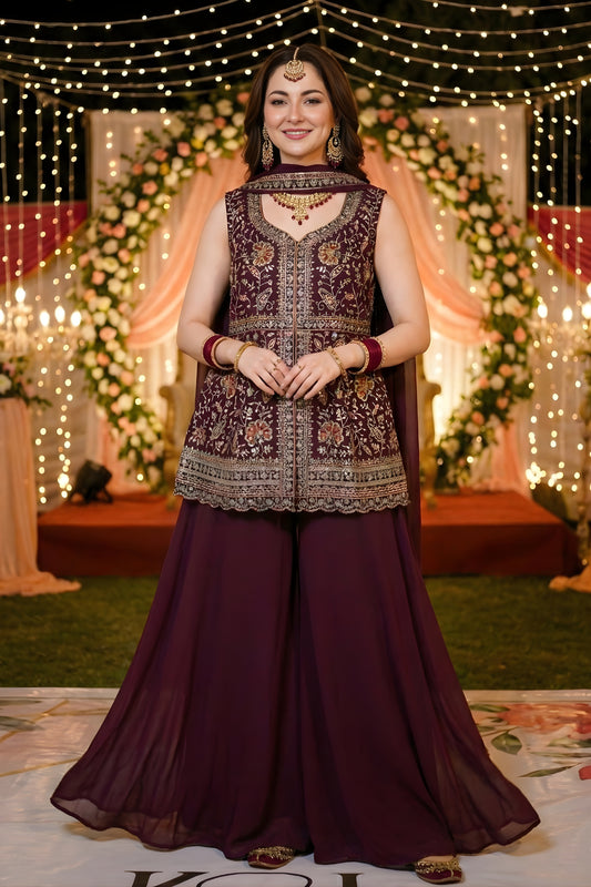 Latest Wine Embroidered Georgette Sharara Suit with Dupatta for Wedding