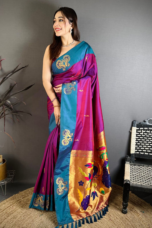 Magenta Teal Blue Soft Silk Paithani Saree Peacock Designer Pallu