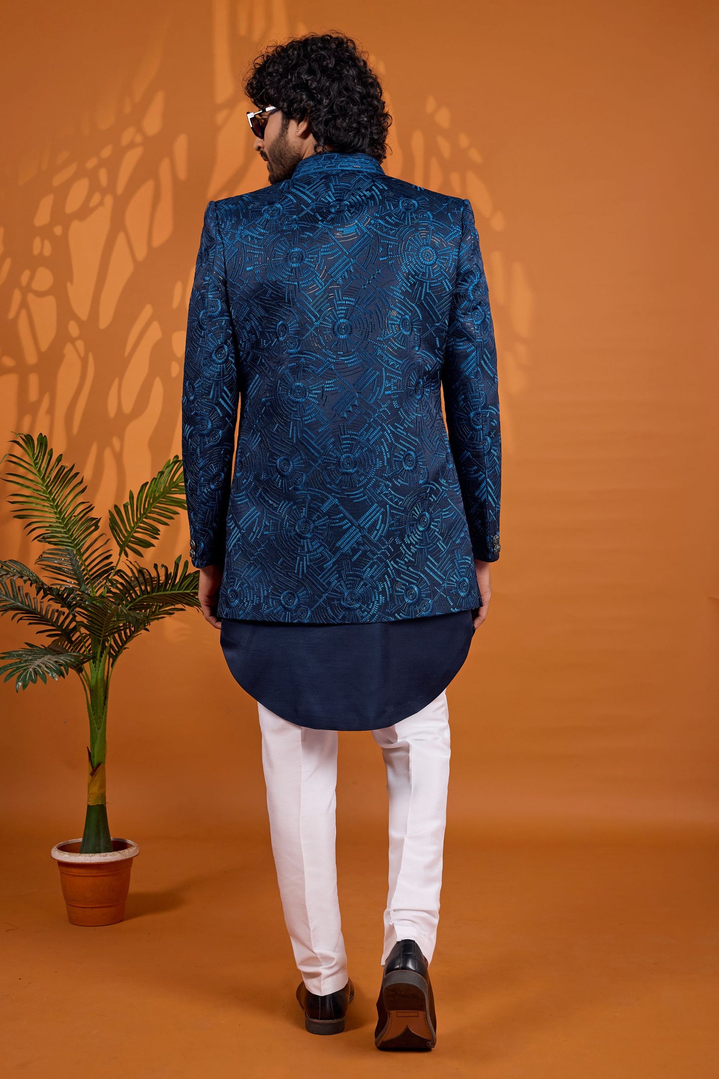 Royal Navy Blue Indo Western Sherwani With Designer Jacquard Jacket