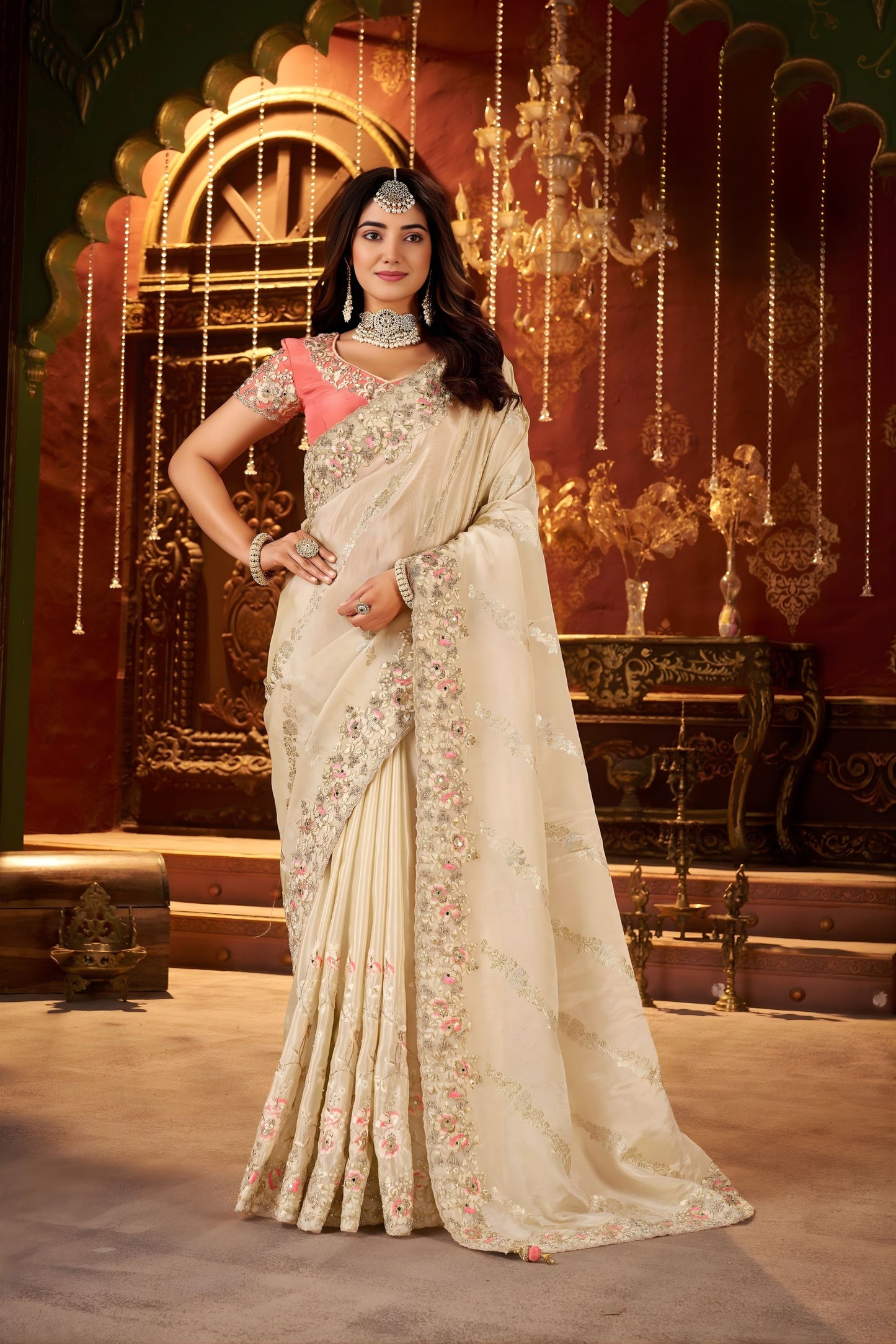 Ivory Embroidered Designer Saree with Floral Border Contrast Blouse