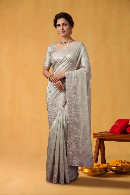 Silver Grey Organza Silk Saree Floral Embroidery and Designer Border