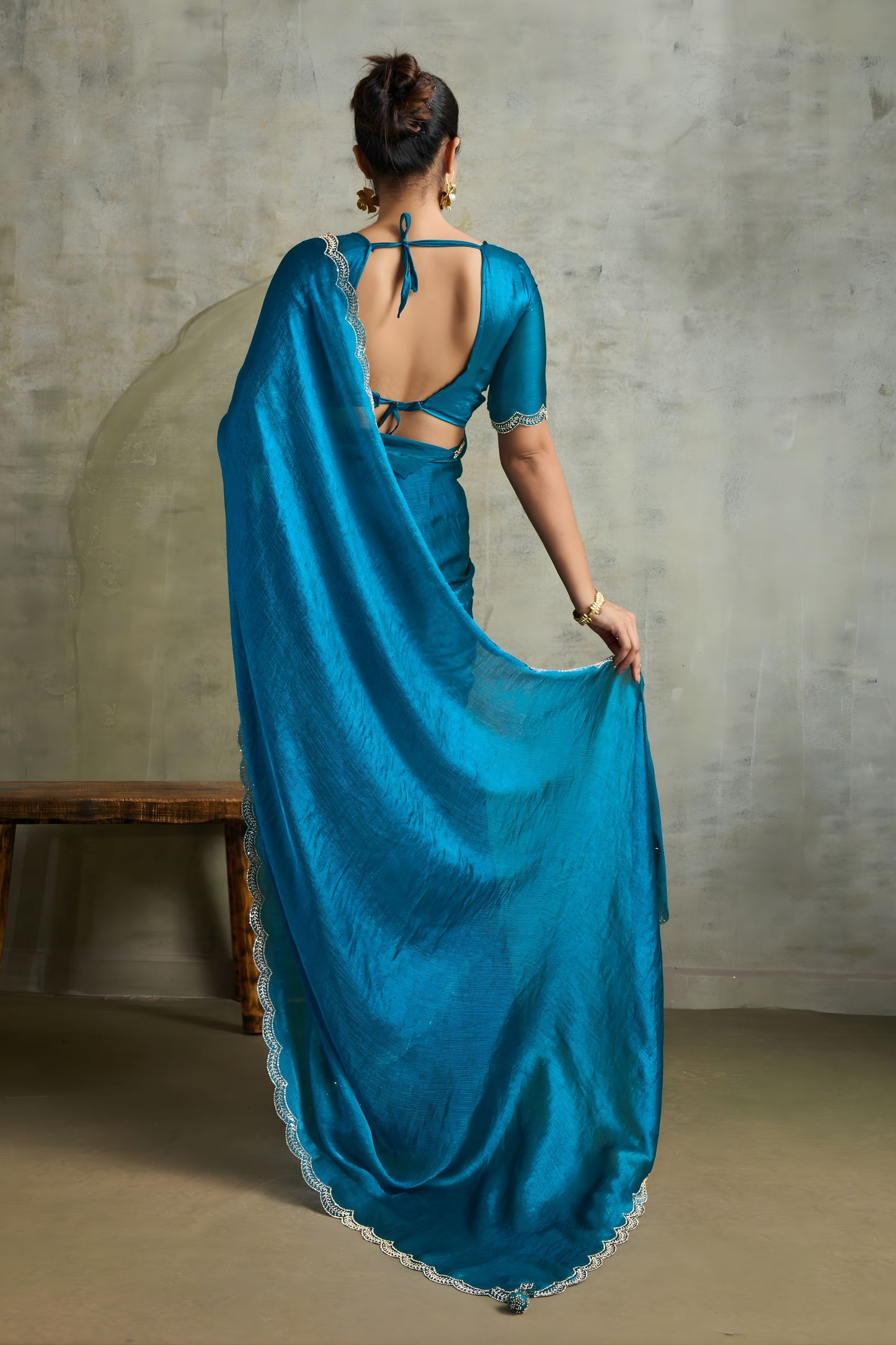 Teal Blue Chiffon Saree with Designer Embroidered Blouse