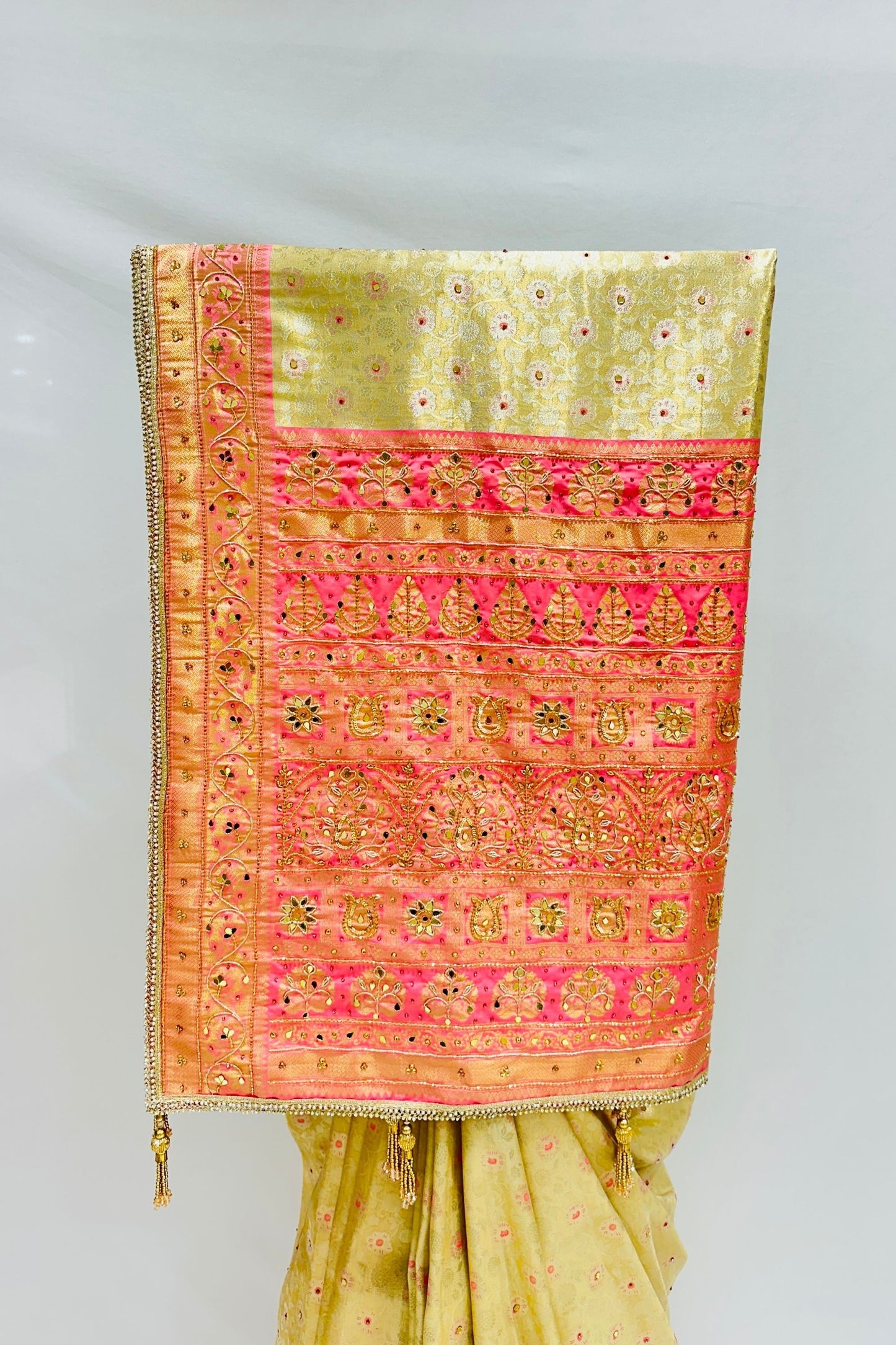 Pastel Green Banarasi Silk Saree with Peach-Pink Embroidered Pallu