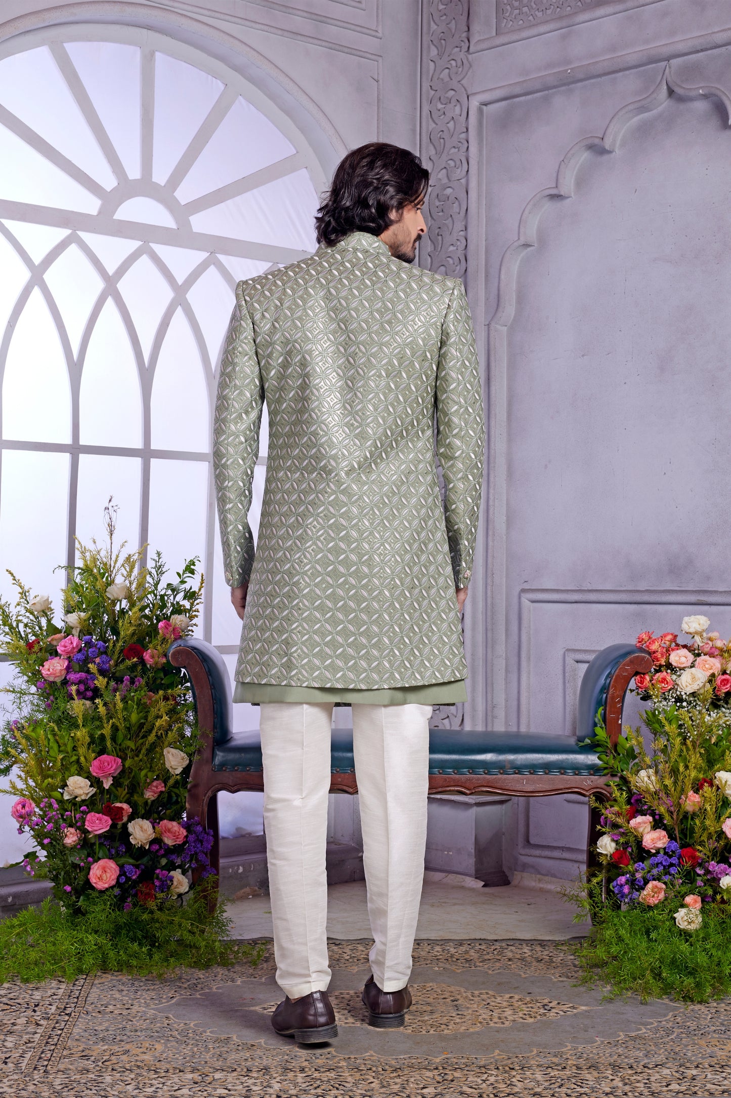 Trendy Olive Green Embroidered Art Silk Indo-Western Set for Wedding