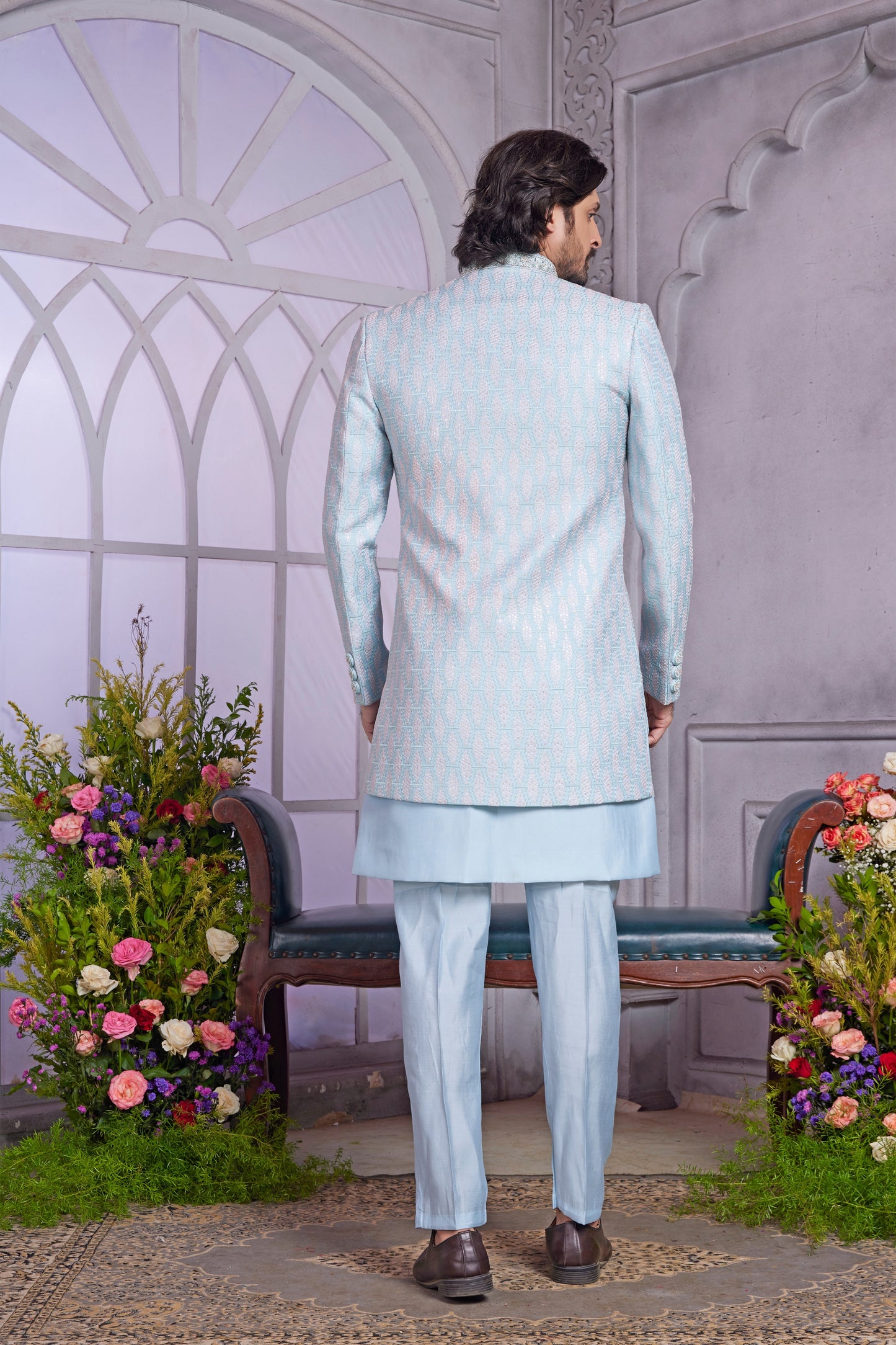 Refreshing Sky Blue Embroidered Art Silk Indo-Western Set with Matching Kurta for Wedding