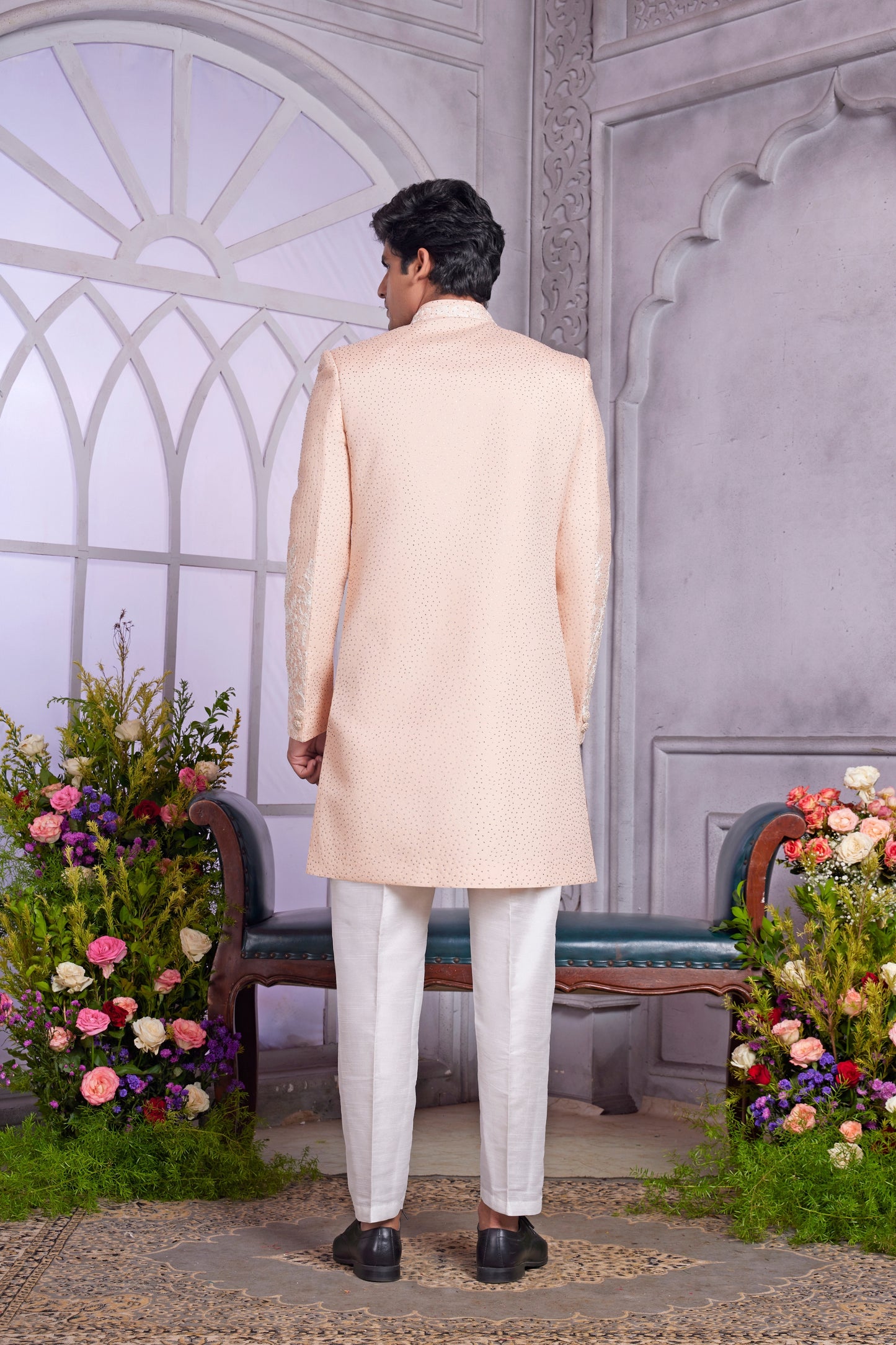 Luxury Peach Embroidered Art Silk Indo-Western Kurta Set for Wedding