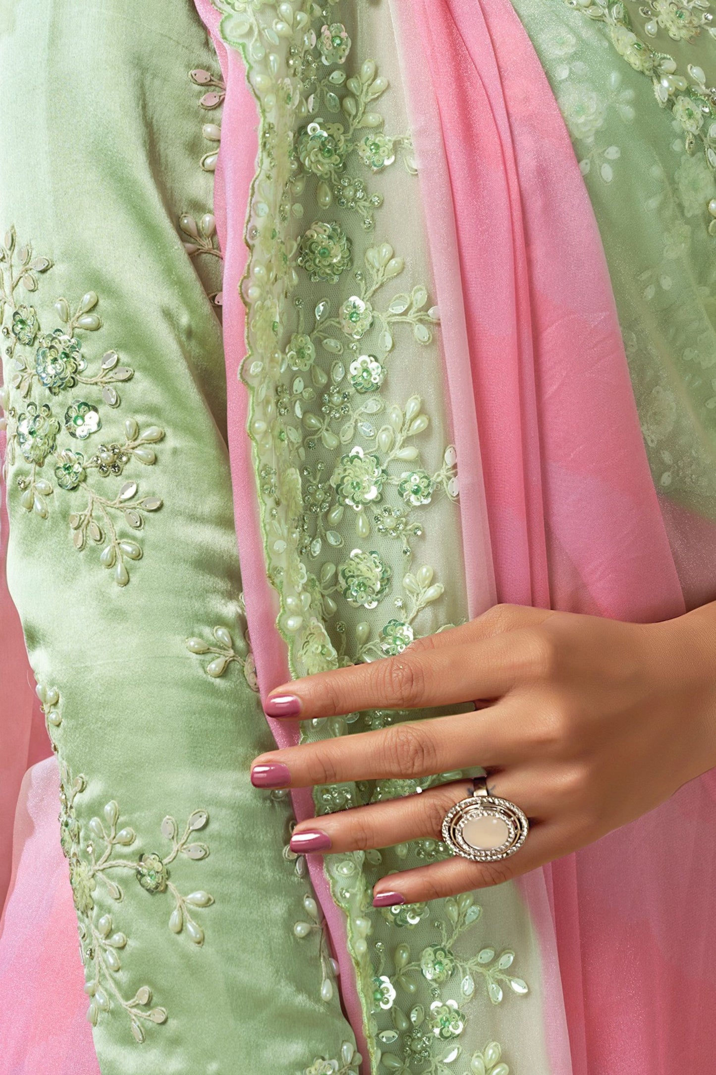 Pink Mint Green Embroidered Designer Saree with Fancy Blouse