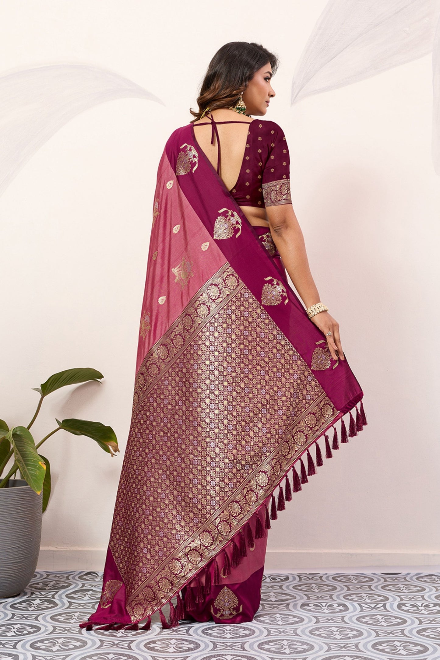 Rani Pink Wine Kanjivaram Silk Saree with Rich Gold Zari Border