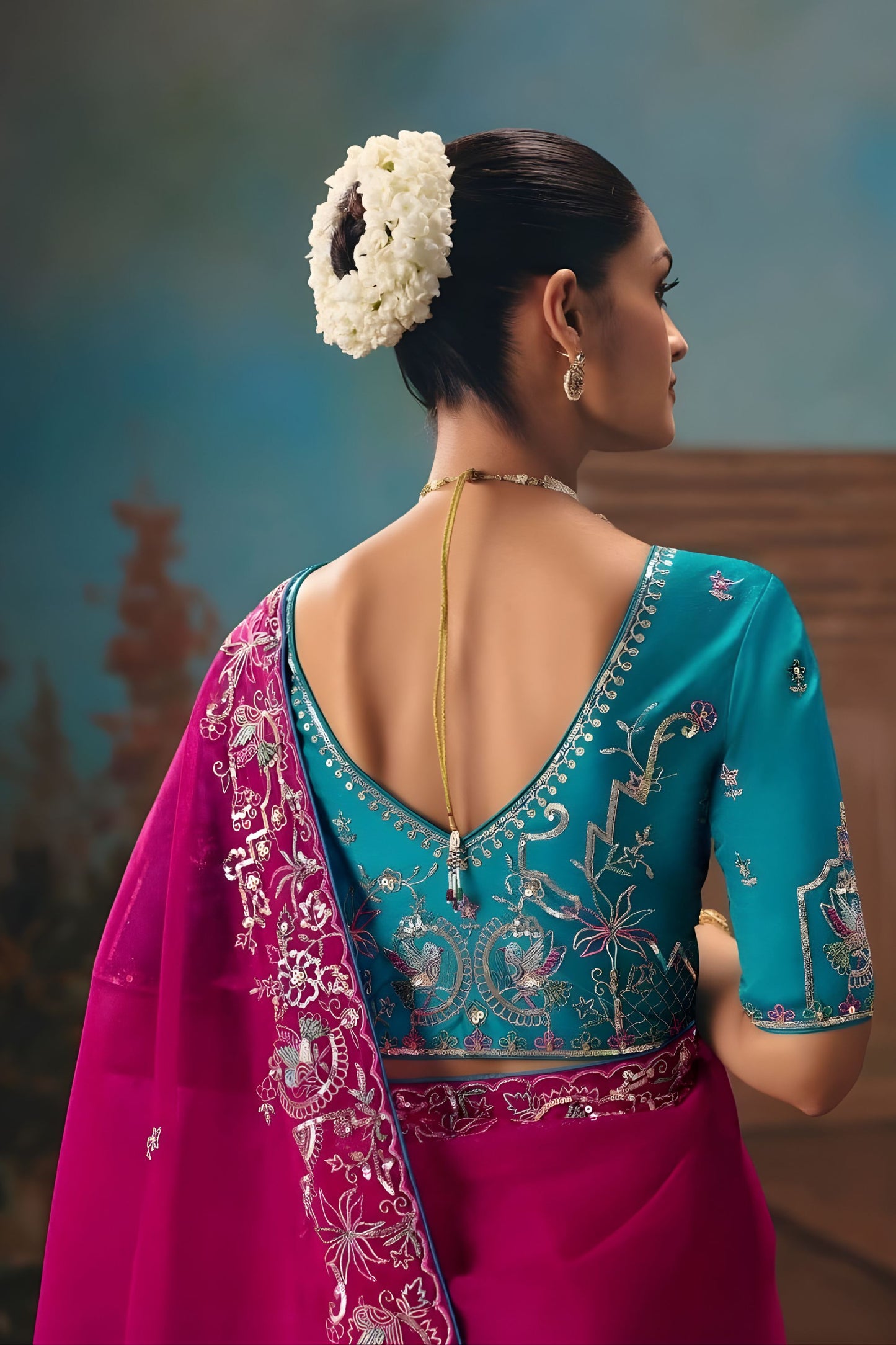Magenta Designer Saree with Silver Embroidery Teal Blue Blouse