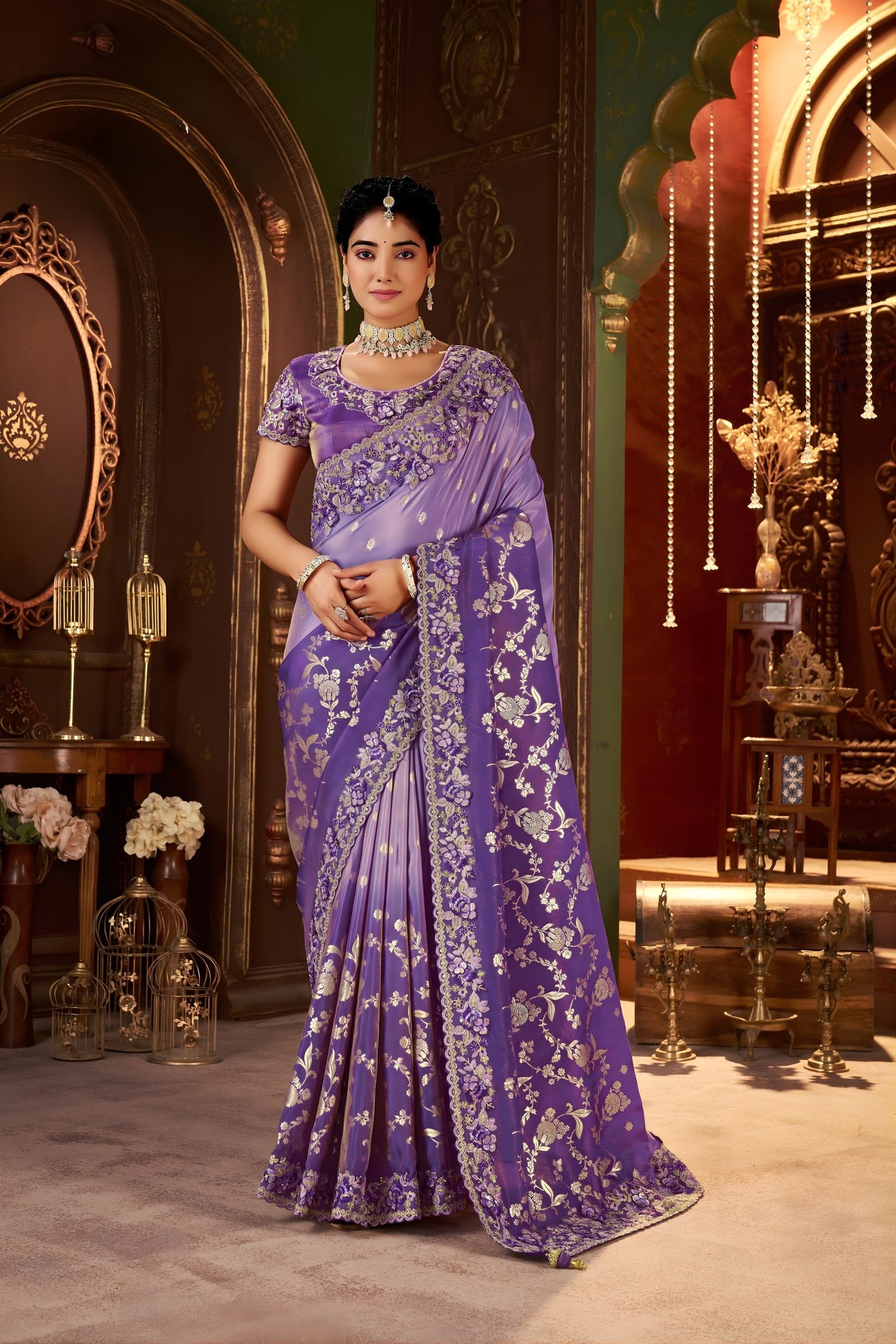 Purple Embroidered Designer Saree with Matching Blouse