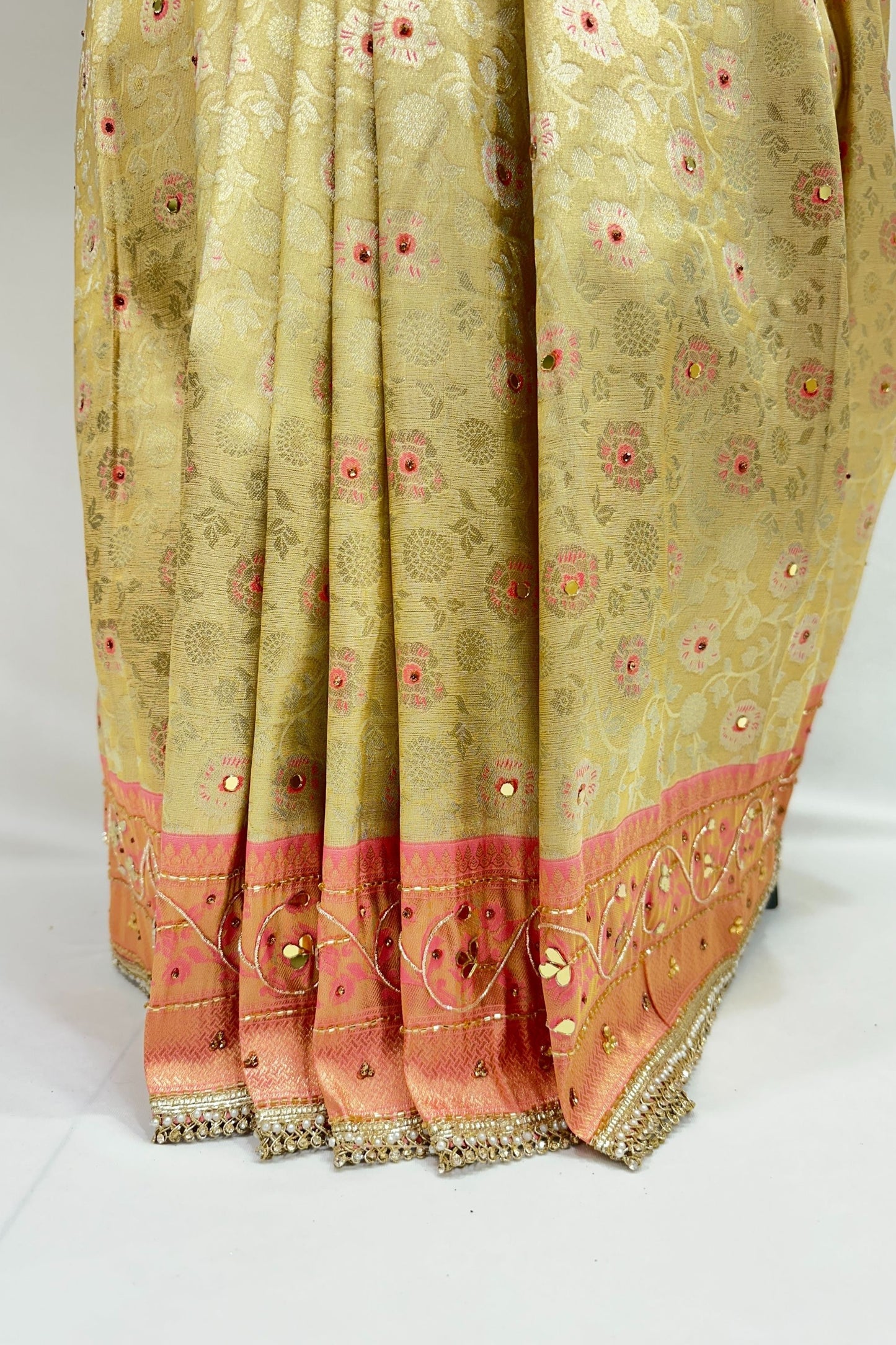 Pastel Green Banarasi Silk Saree with Peach-Pink Embroidered Pallu