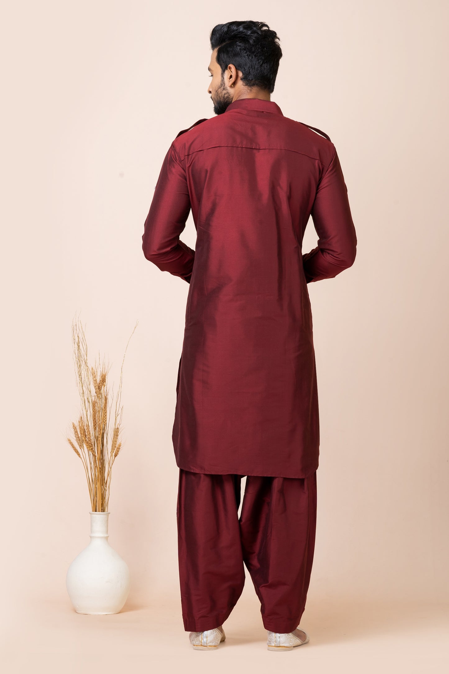 Traditonal Maroon Viscose Pathani Kurta Salwar Set for Men