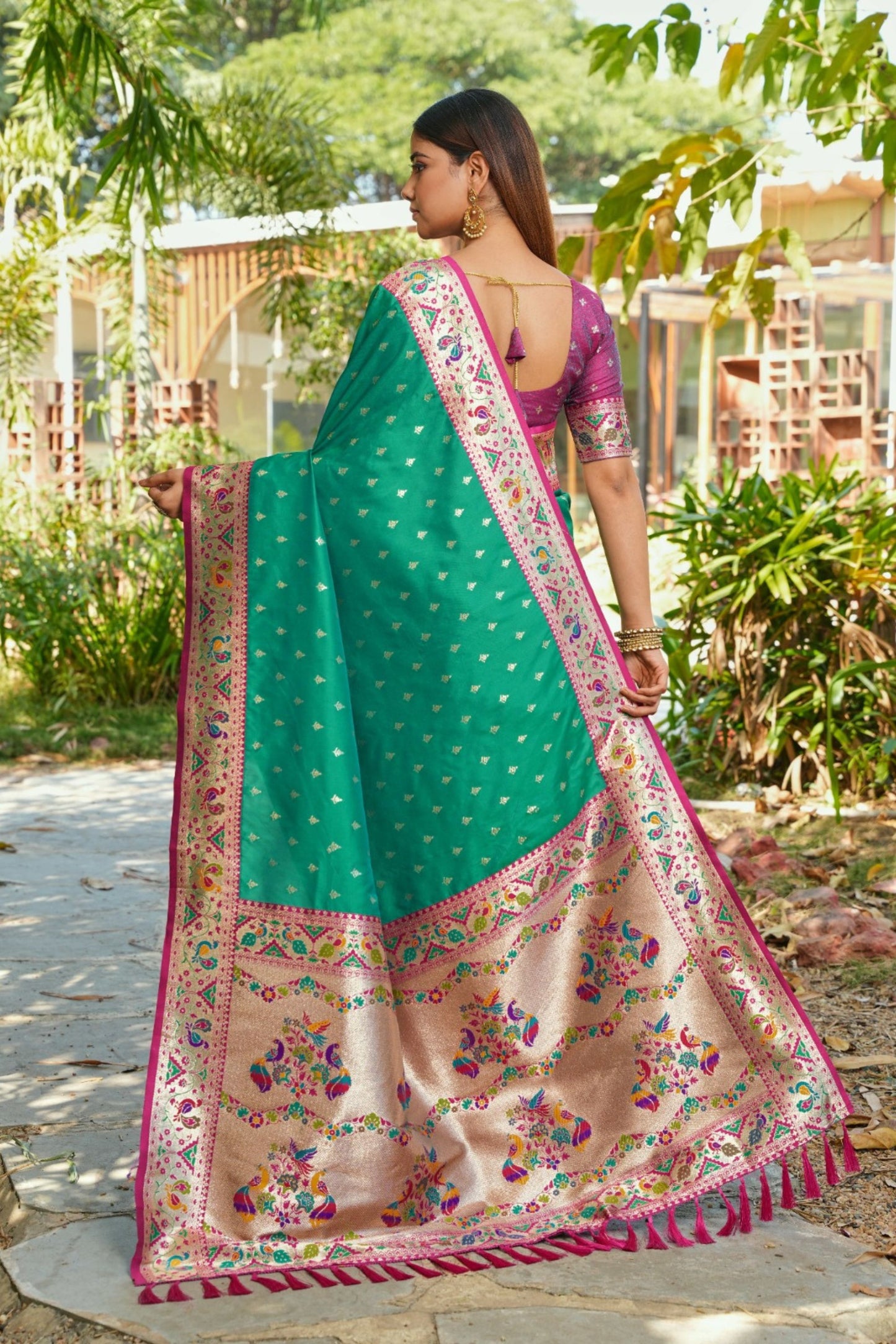 Bottle Green Silk Saree Pink Border Multicolor Peacock Zari Weaving Work