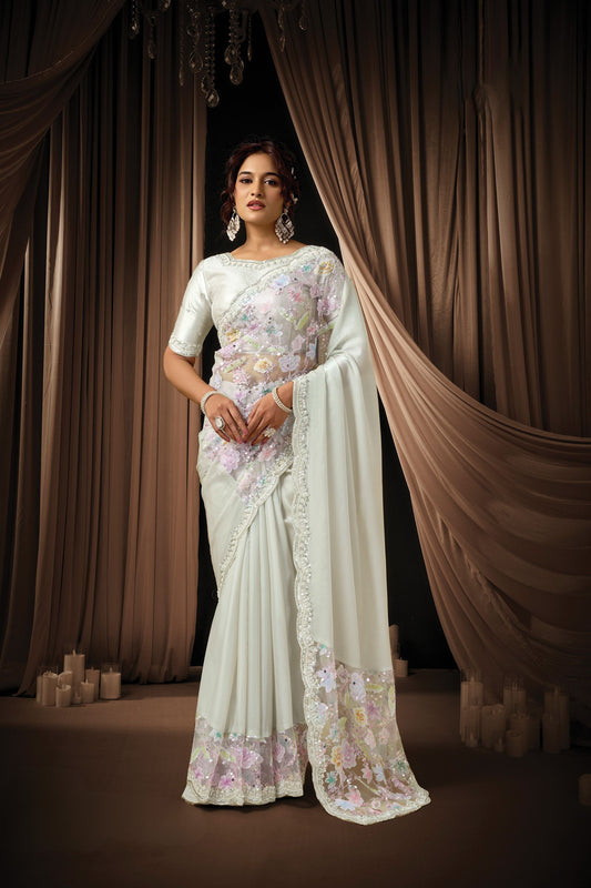 White Floral Embroidered Organza Saree with Designer Blouse