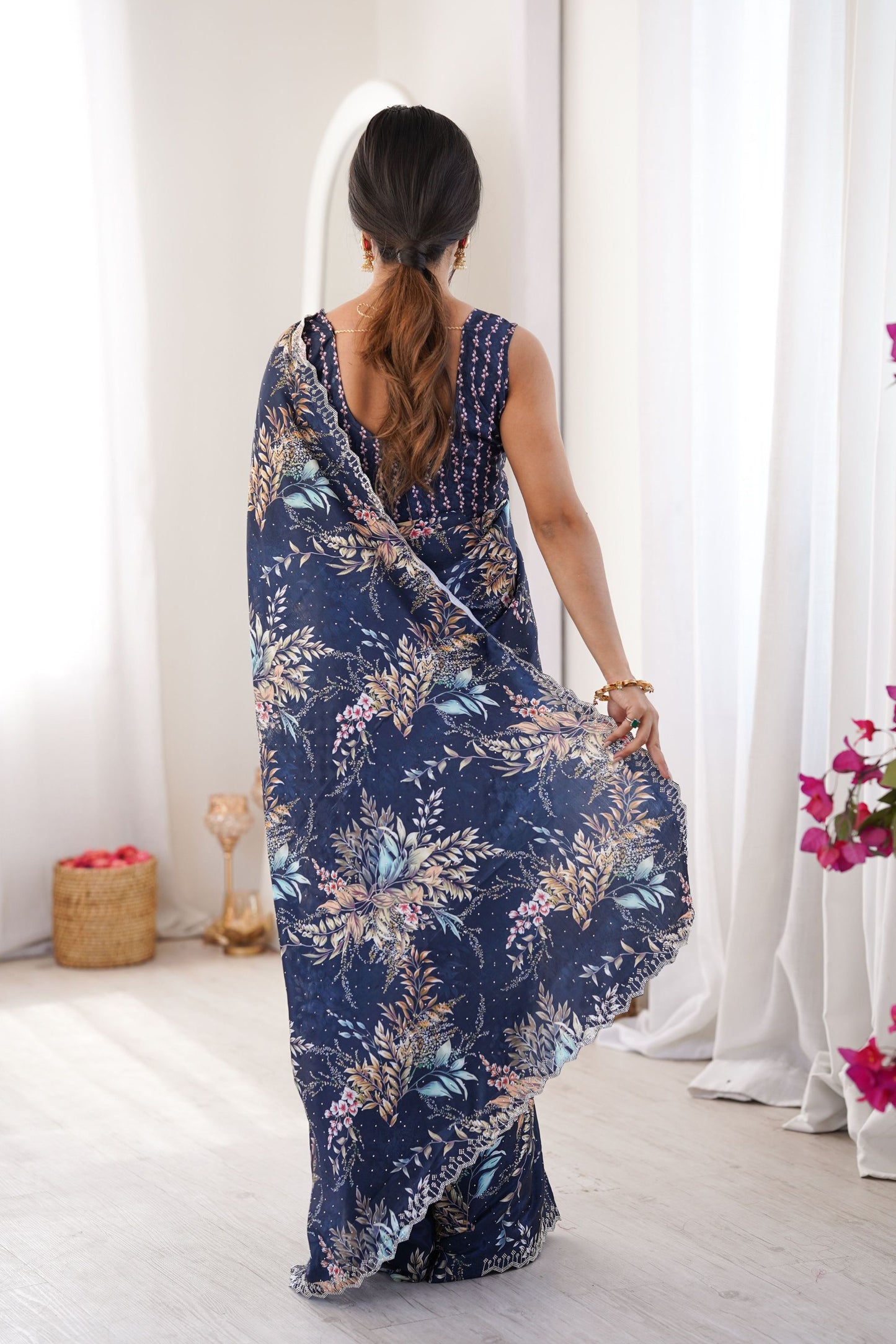 Navy Blue Floral Digital Printed Linen Saree with Designer Lace Border