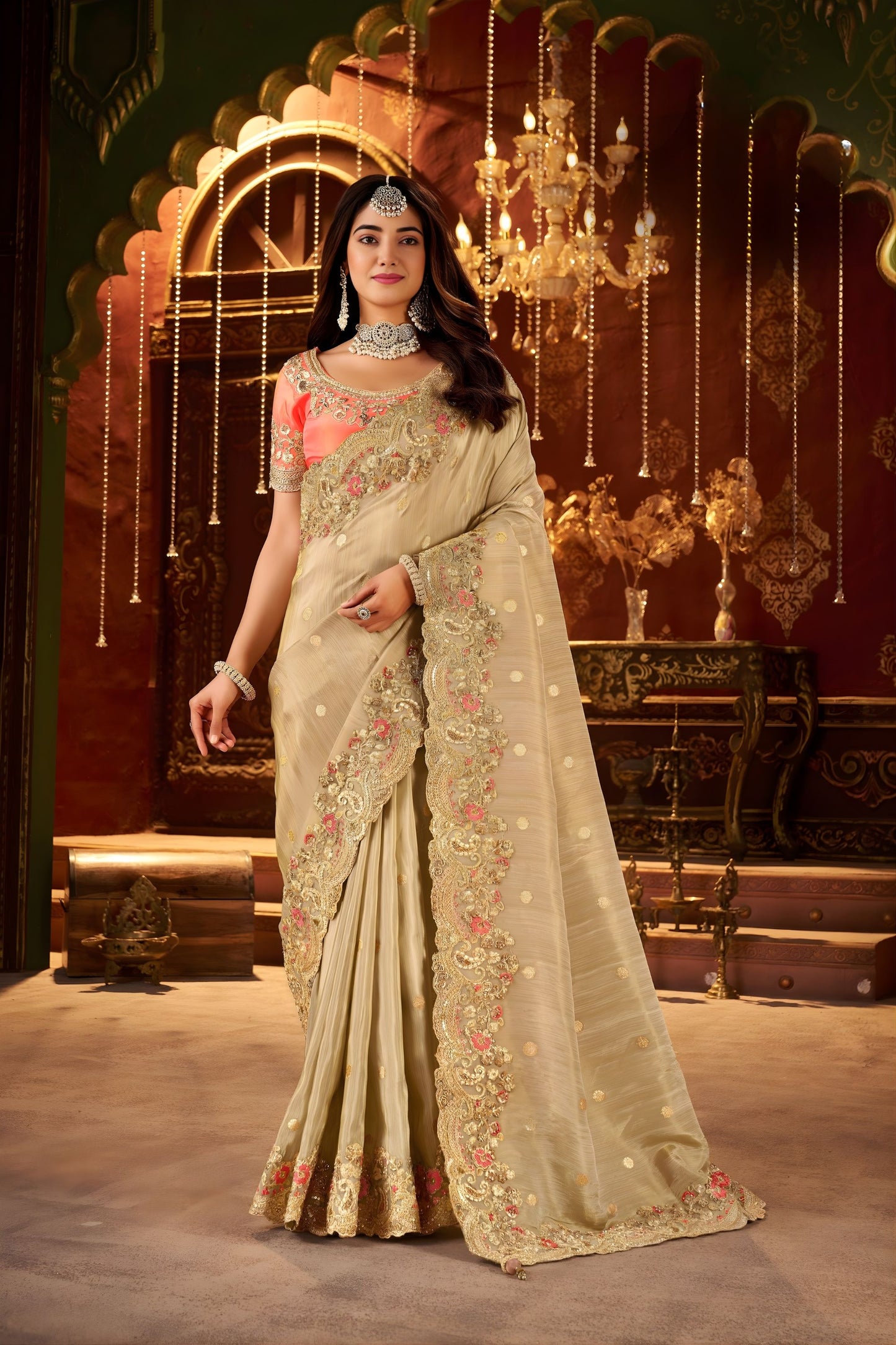 Beige Embroidered Designer Saree with Border Contrast Blouse