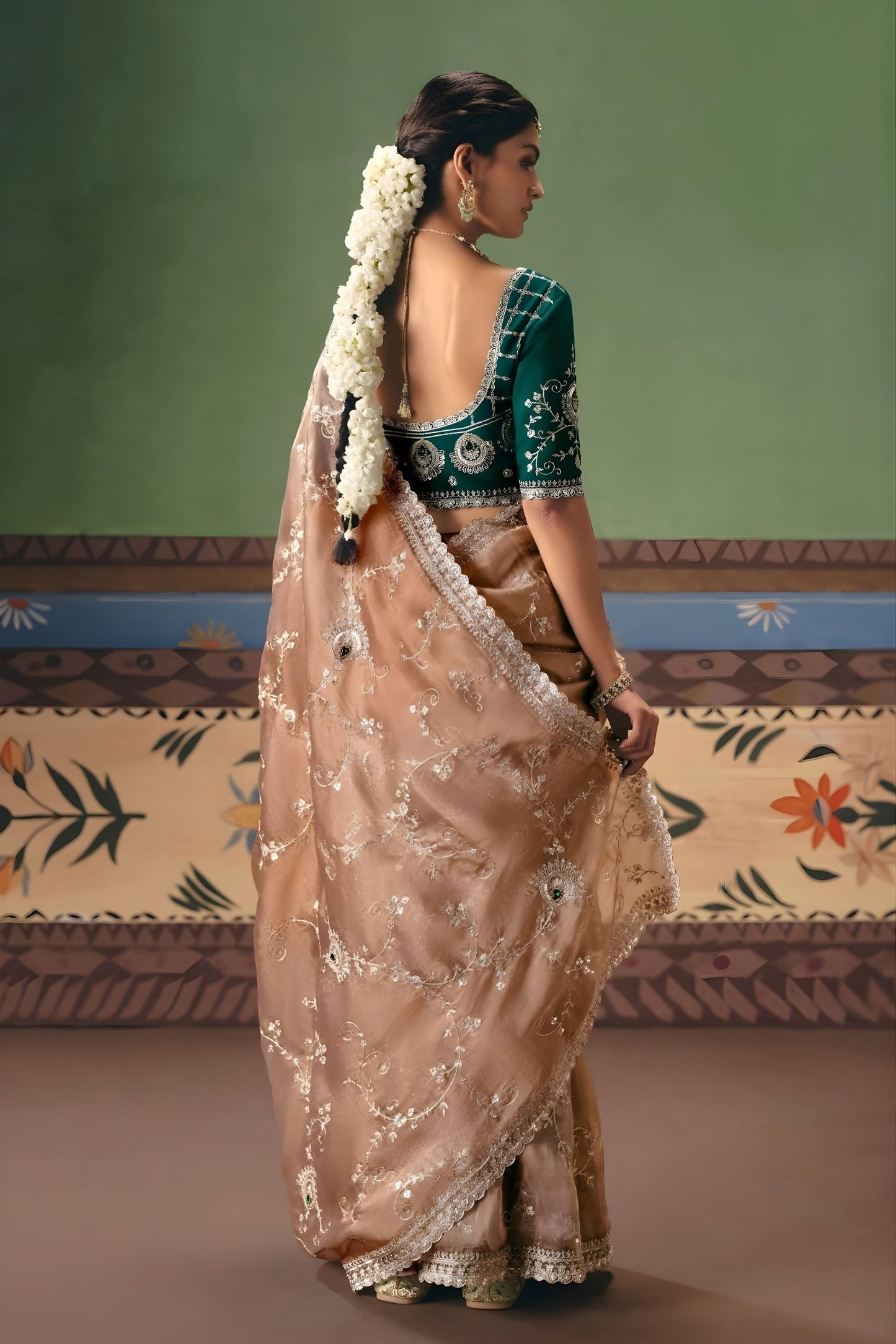 Champagne Brown Organza Silk Saree with Silver Embroidery Border