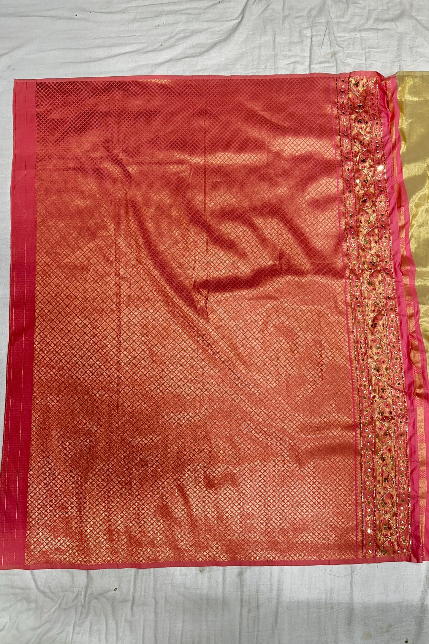 Pastel Green Banarasi Silk Saree with Peach-Pink Embroidered Pallu