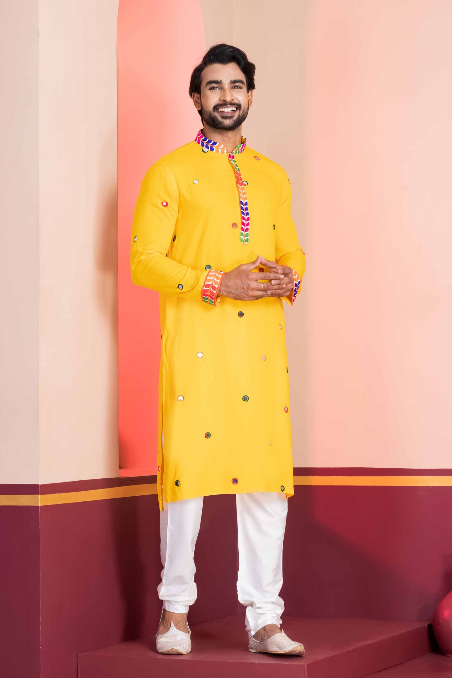 Yellow Rayon Kurta with Multicolor Mirror Work and Printed Collar For Navratri