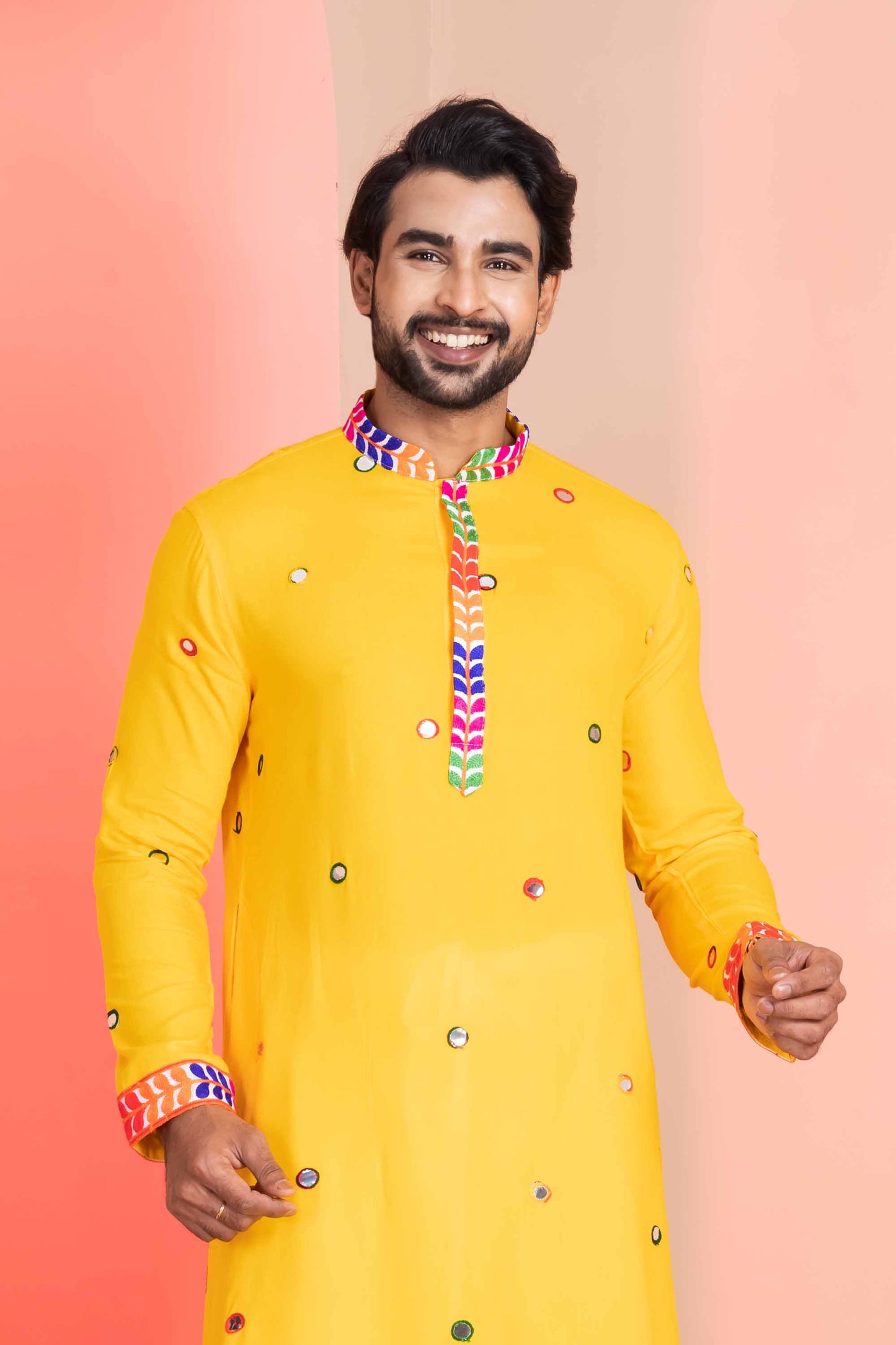 Yellow Rayon Kurta with Multicolor Mirror Work and Printed Collar For Navratri