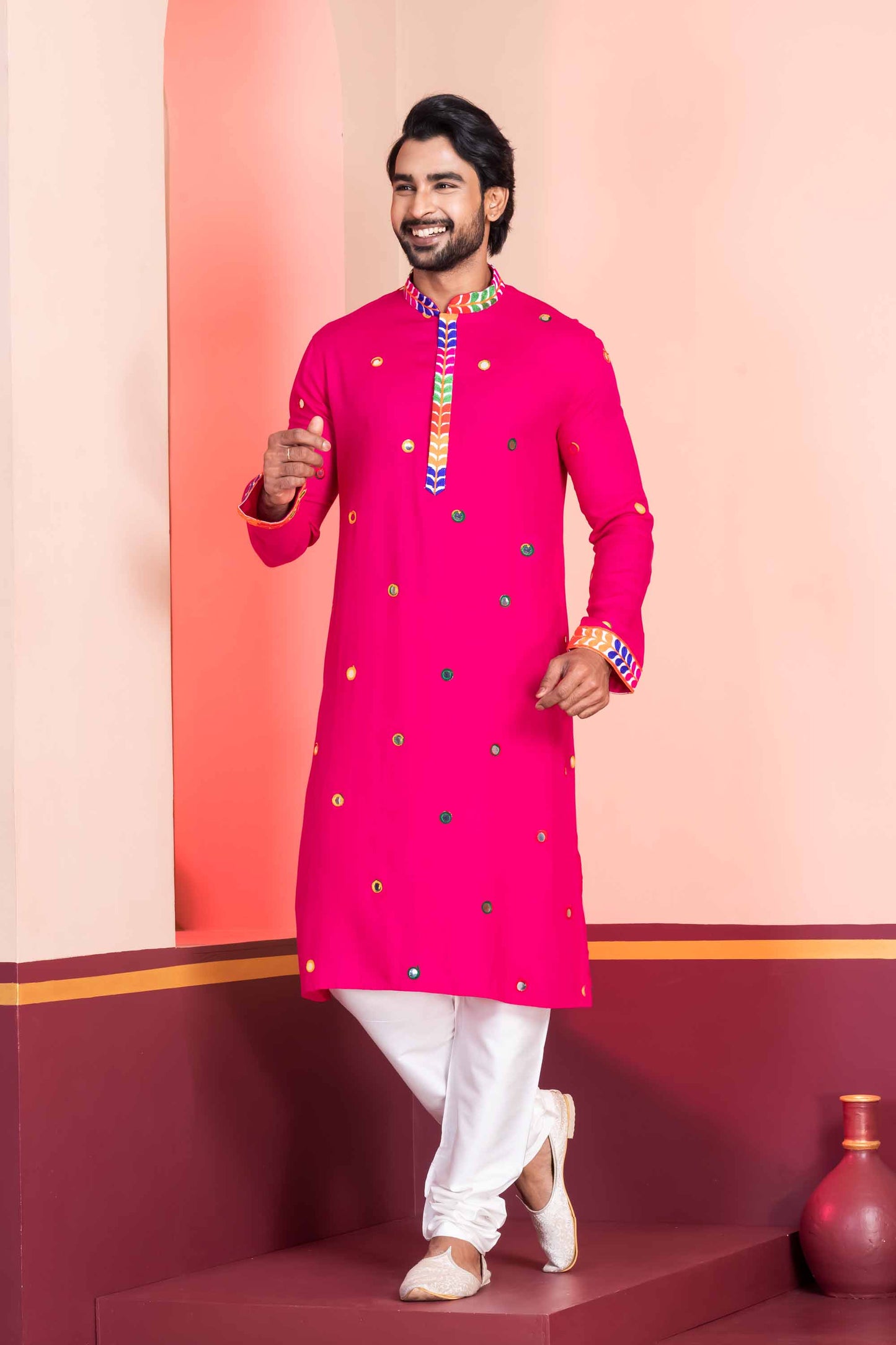 Rani Pink Rayon Kurta with Multicolor Mirror Work and Printed Collar For Navratri