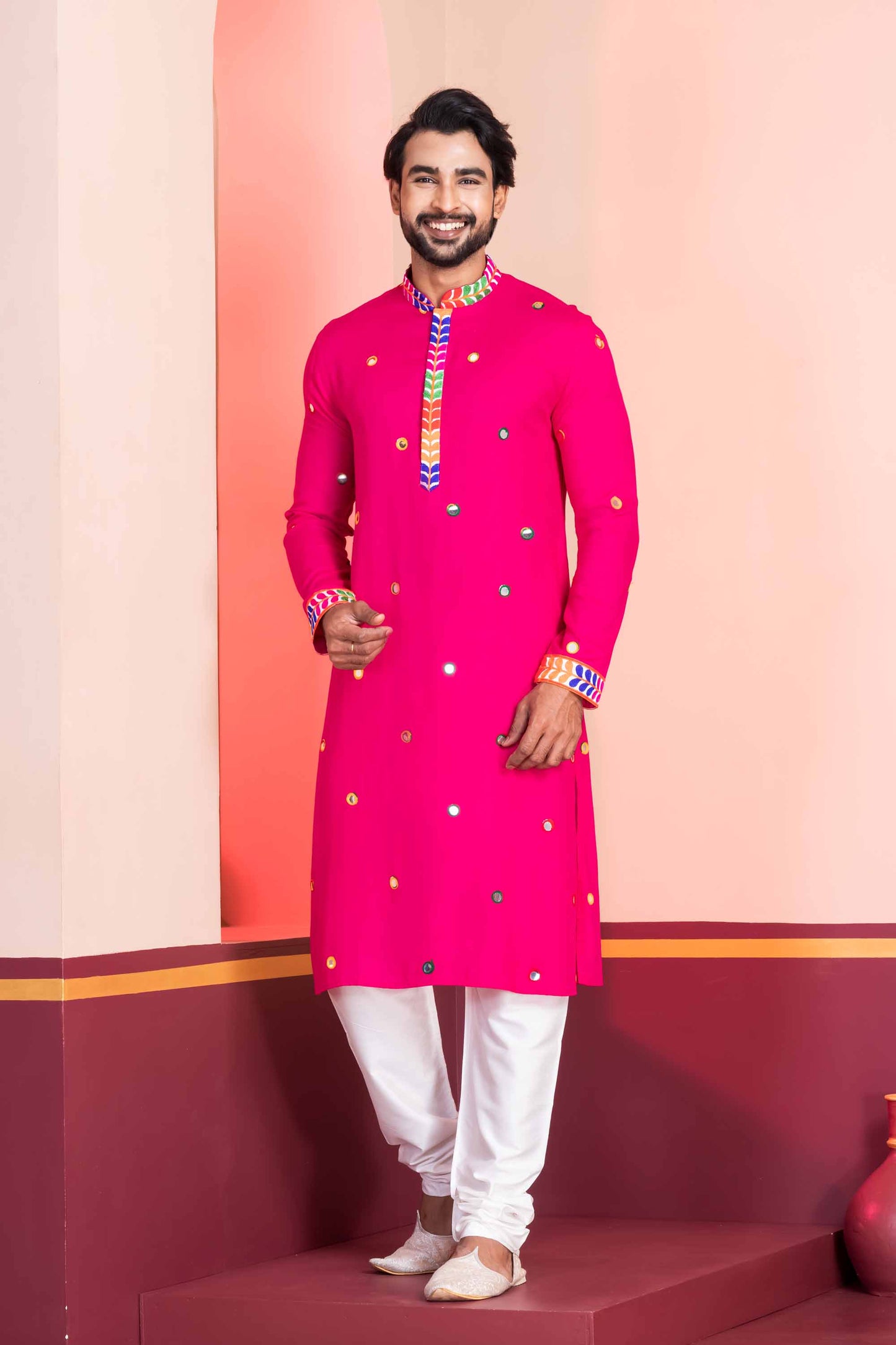 Rani Pink Rayon Kurta with Multicolor Mirror Work and Printed Collar For Navratri