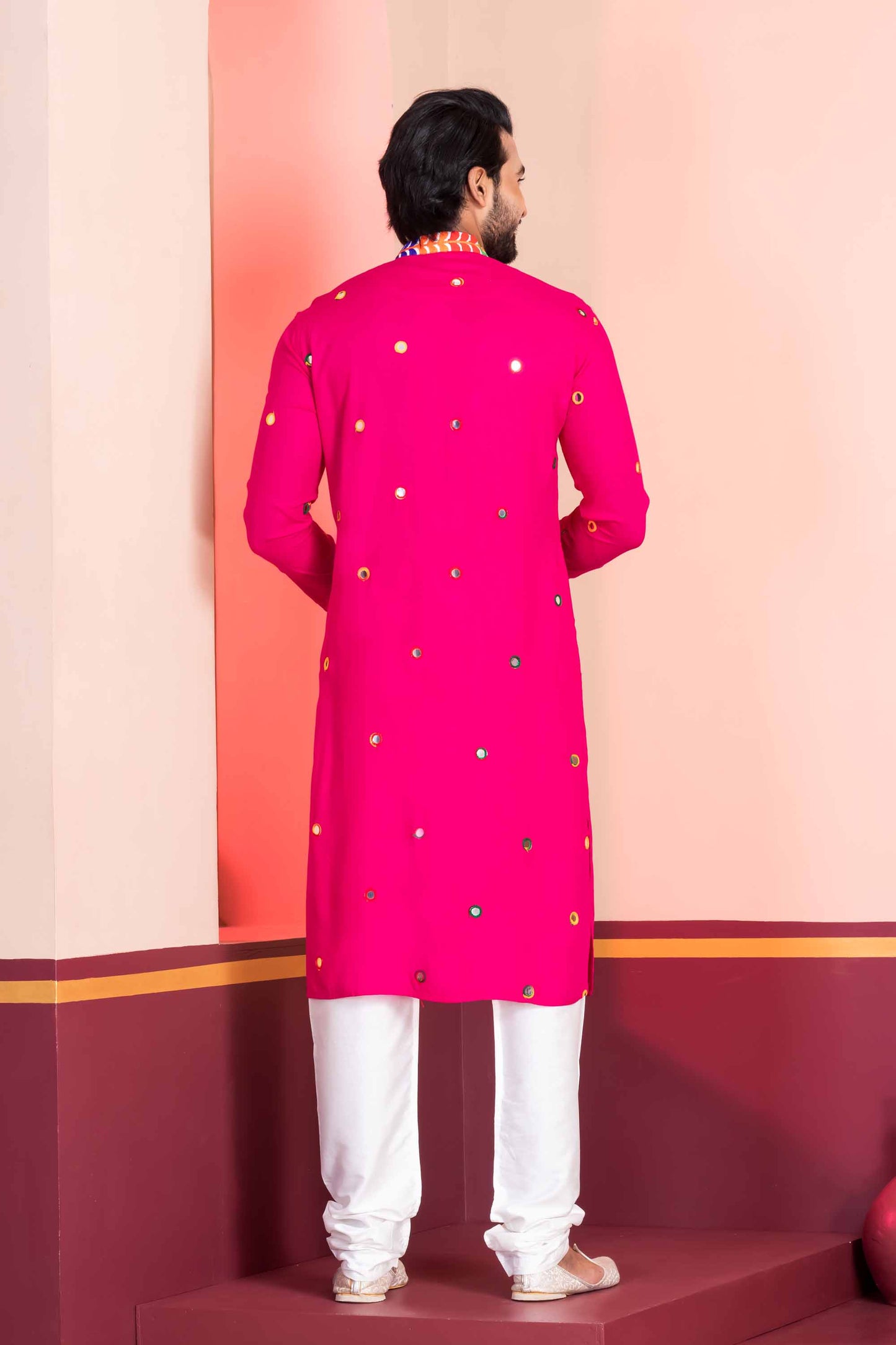 Rani Pink Rayon Kurta with Multicolor Mirror Work and Printed Collar For Navratri