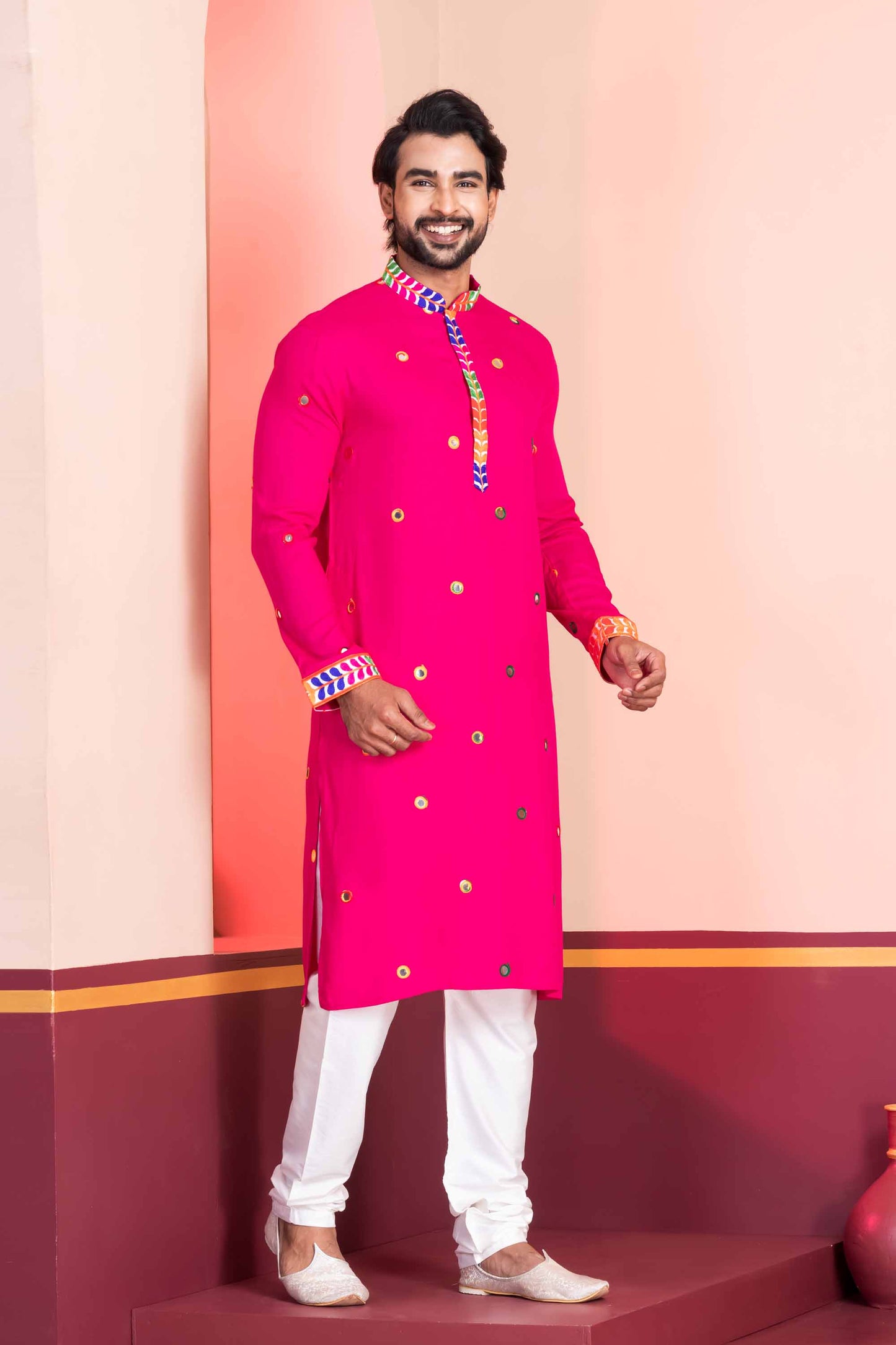 Rani Pink Rayon Kurta with Multicolor Mirror Work and Printed Collar For Navratri