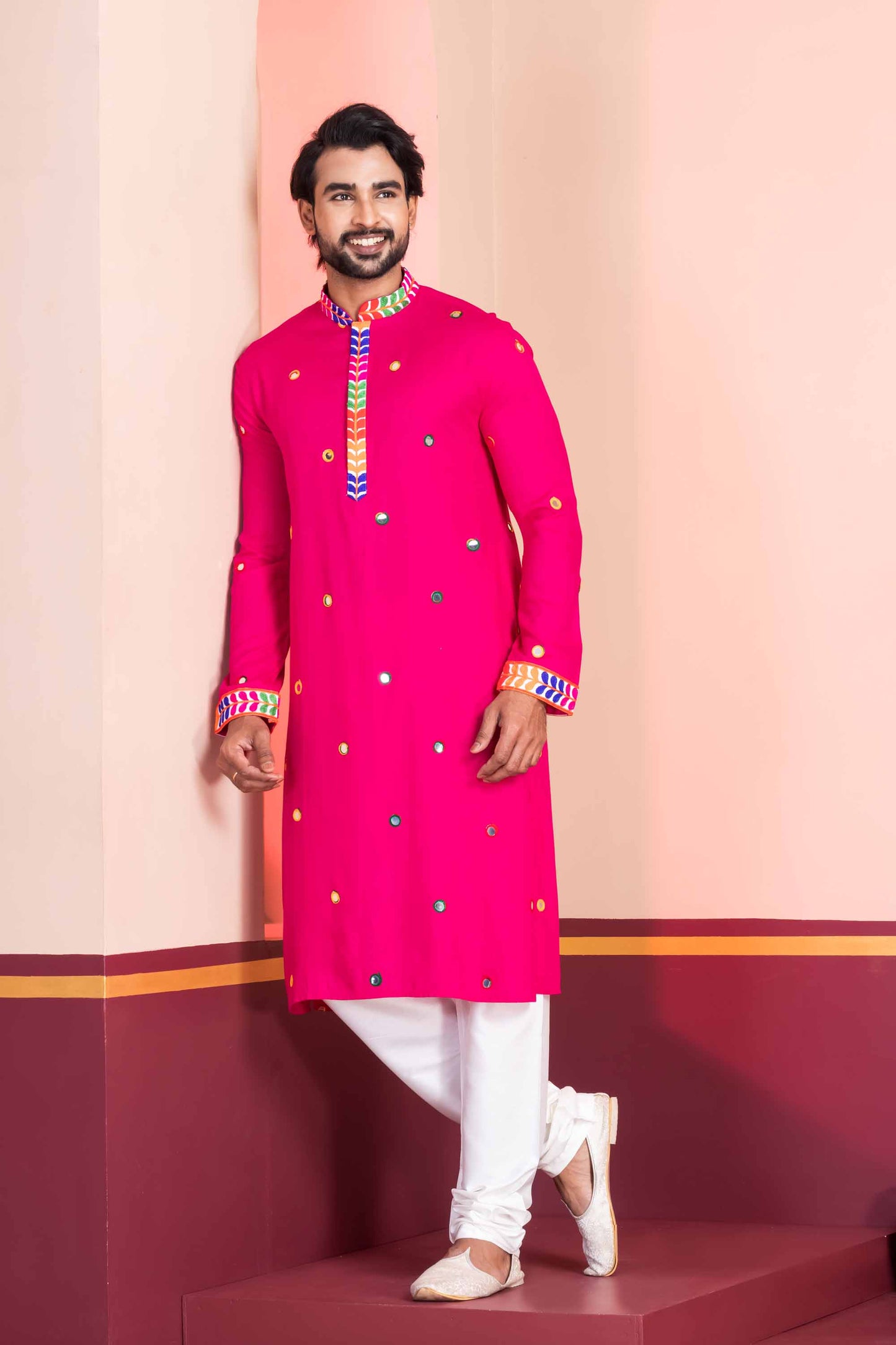 Rani Pink Rayon Kurta with Multicolor Mirror Work and Printed Collar For Navratri