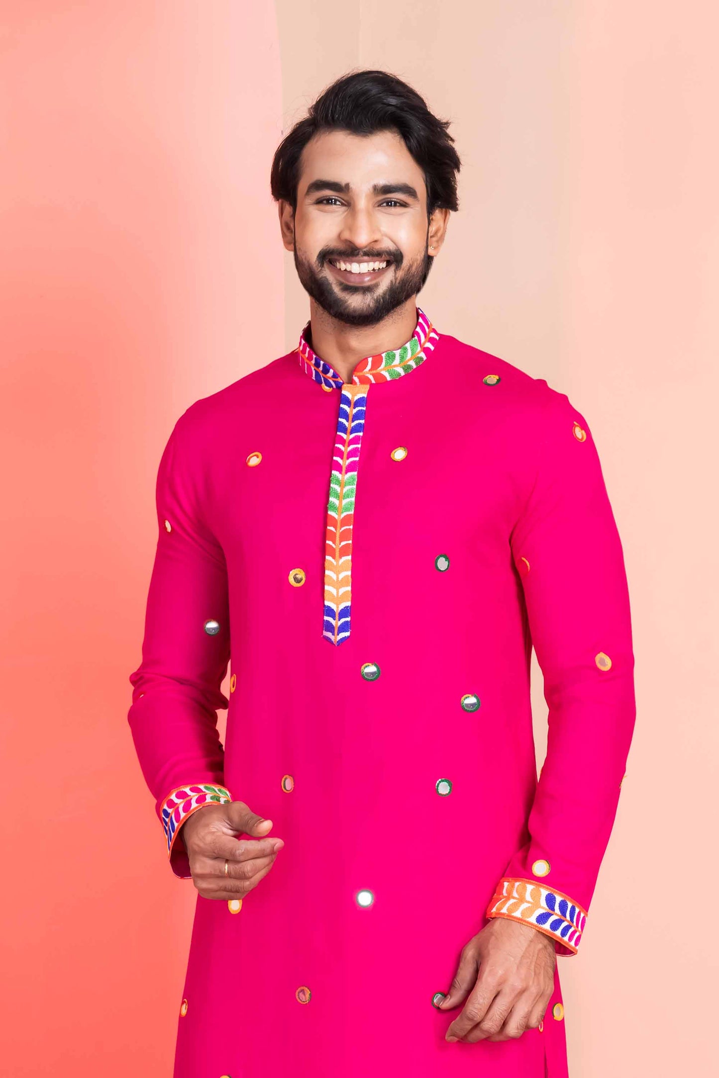 Rani Pink Rayon Kurta with Multicolor Mirror Work and Printed Collar For Navratri