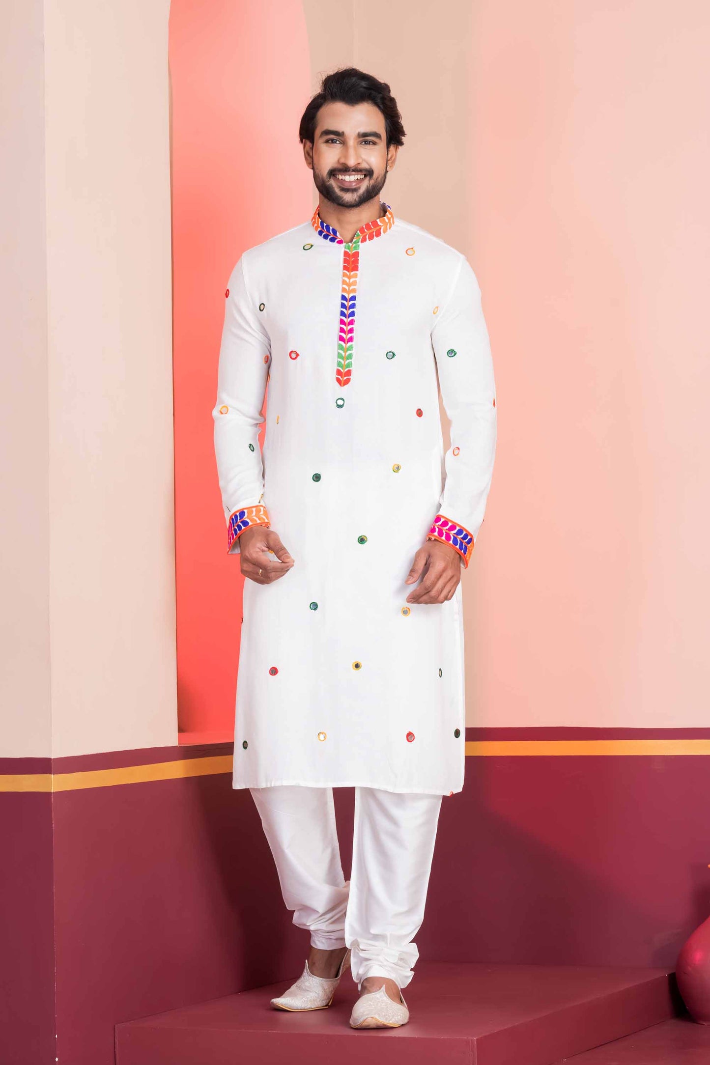 White Rayon Kurta with Multicolor Mirror Work and Printed Collar For Navratri