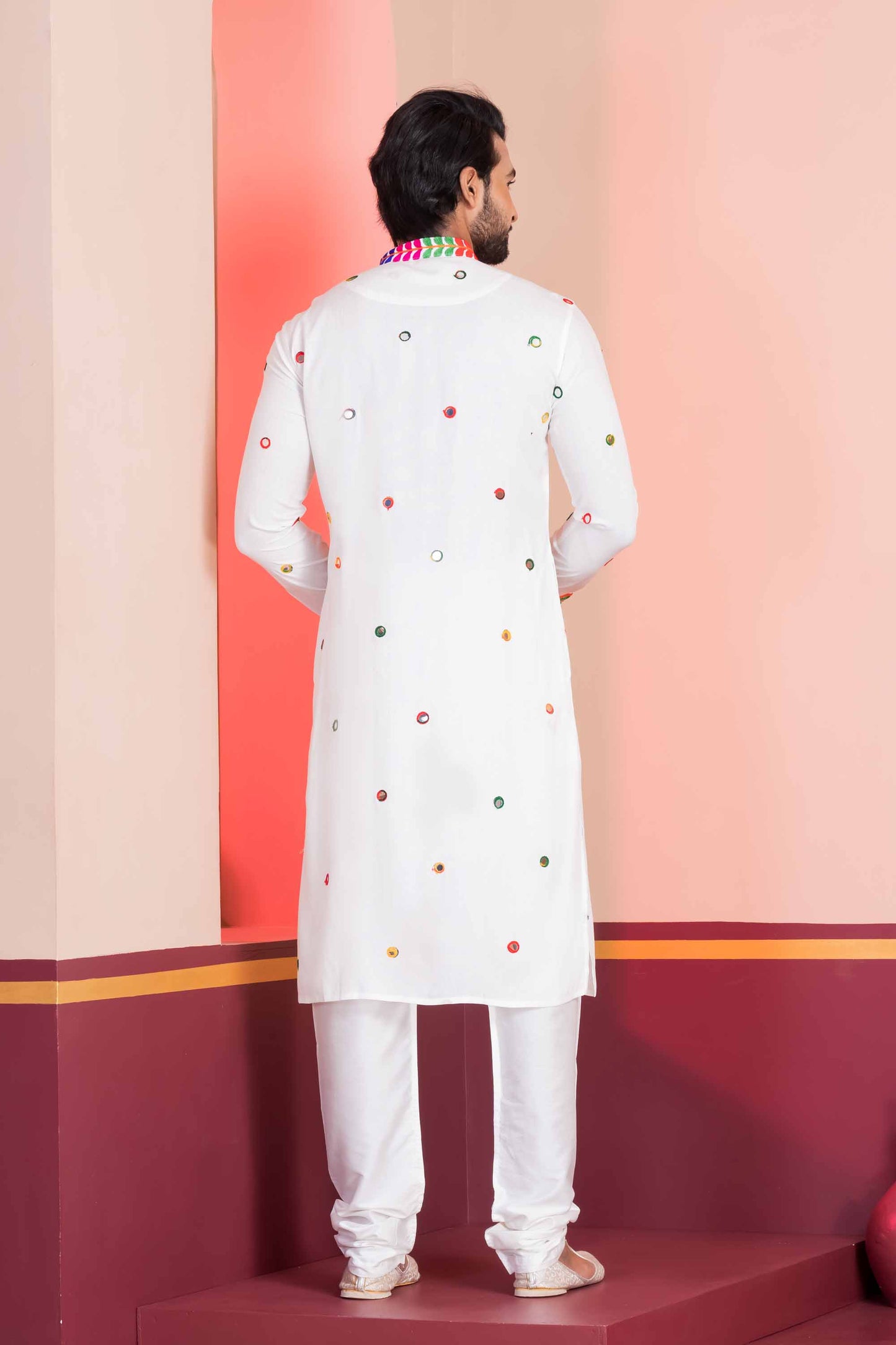 White Rayon Kurta with Multicolor Mirror Work and Printed Collar For Navratri