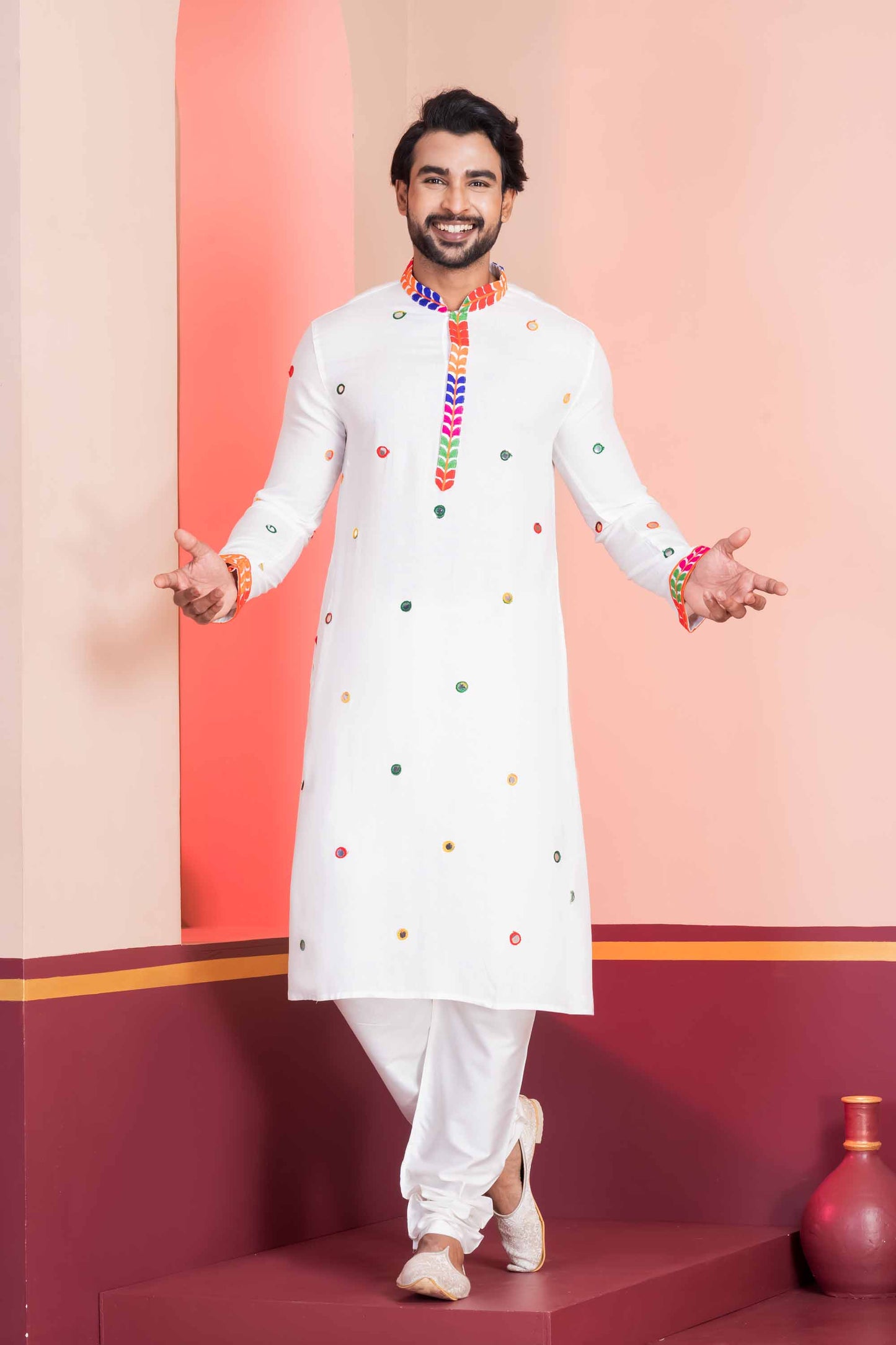 White Rayon Kurta with Multicolor Mirror Work and Printed Collar For Navratri
