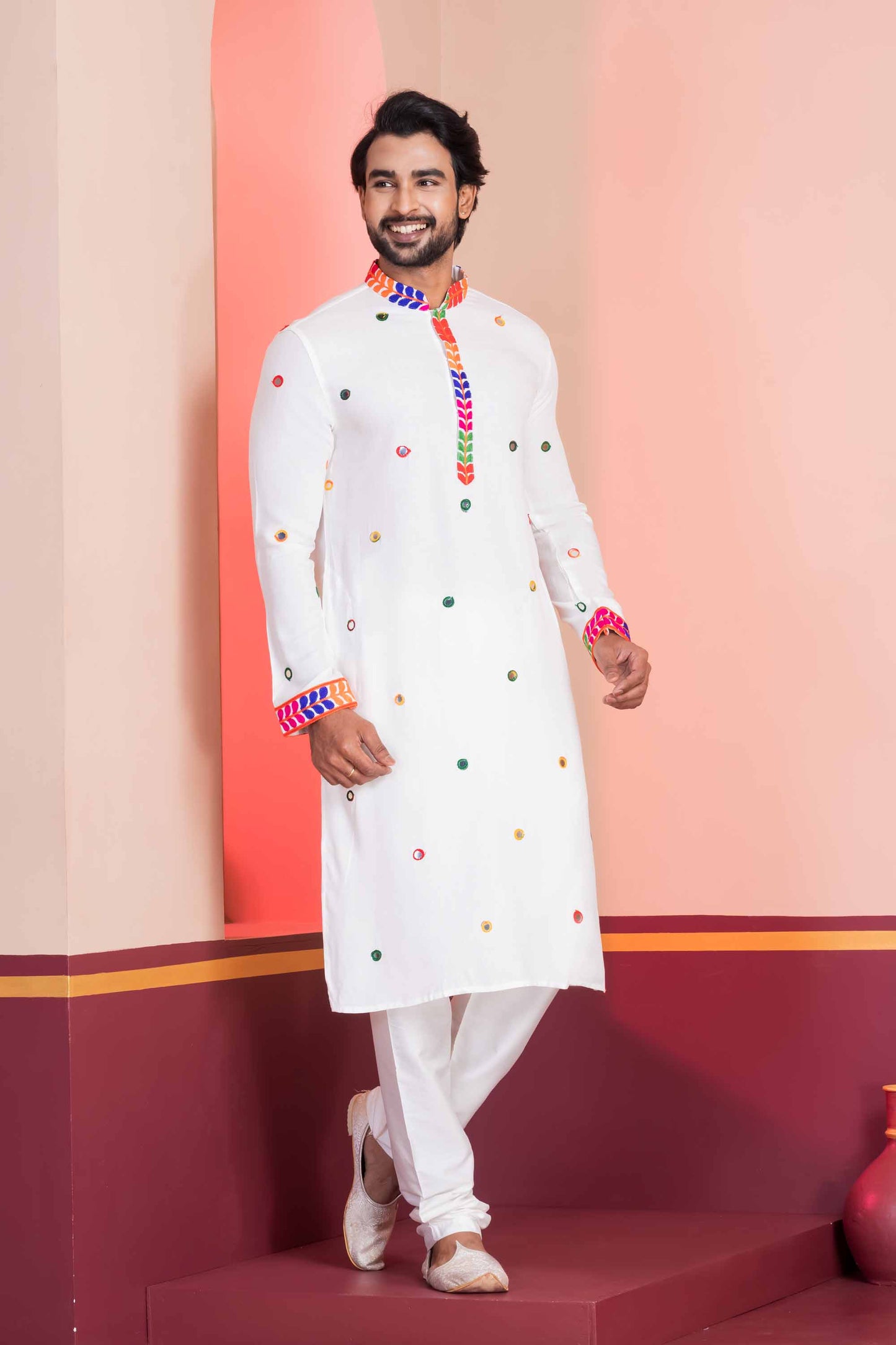 White Rayon Kurta with Multicolor Mirror Work and Printed Collar For Navratri